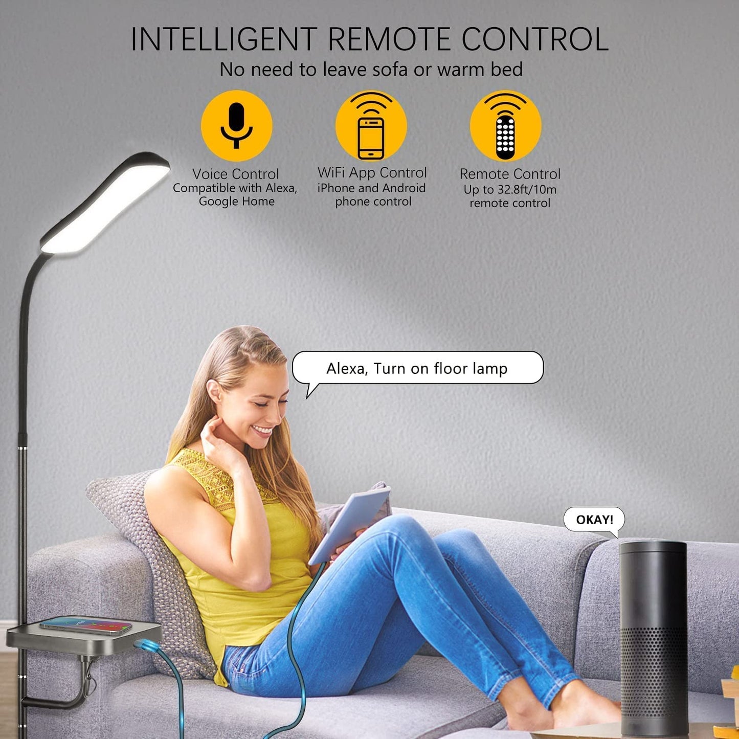 Floor Lamp with Wireless Charger, Flexible Gooseneck Standing Lamp with Timer & Memory Function, 4 Brightness Levels & 4 Colors Dimmable (2700K-6500K) for Home Office Living Bed Room Reading
