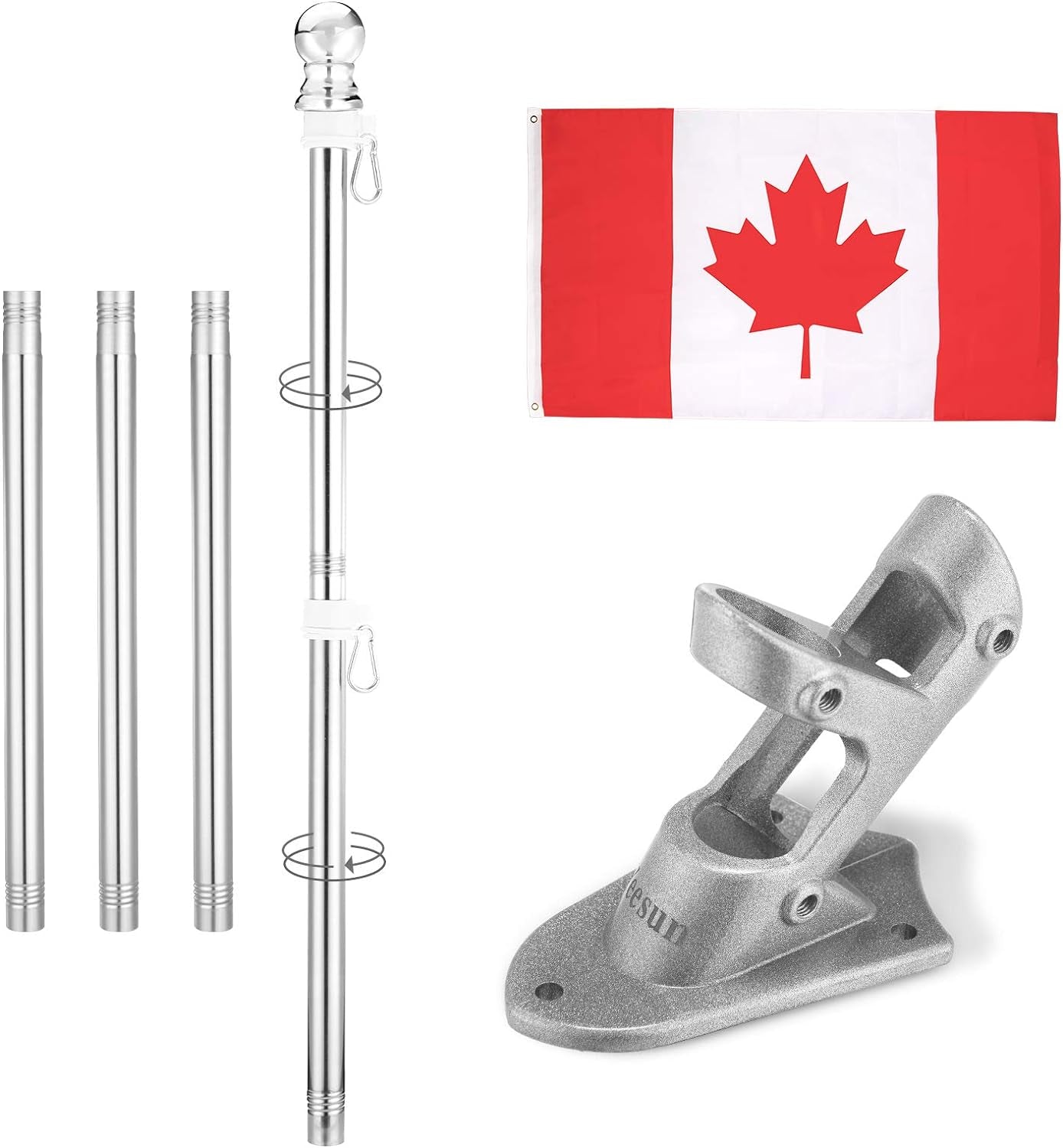 6FT Canada Flag Pole with Mounting Bracket and 3' x 5' Canada Flag - Ideal for House Porch & Outdoor Use, Featuring 360° Tangle Resistant Technology and Wall Mount Flag Pole Kit (Silver)