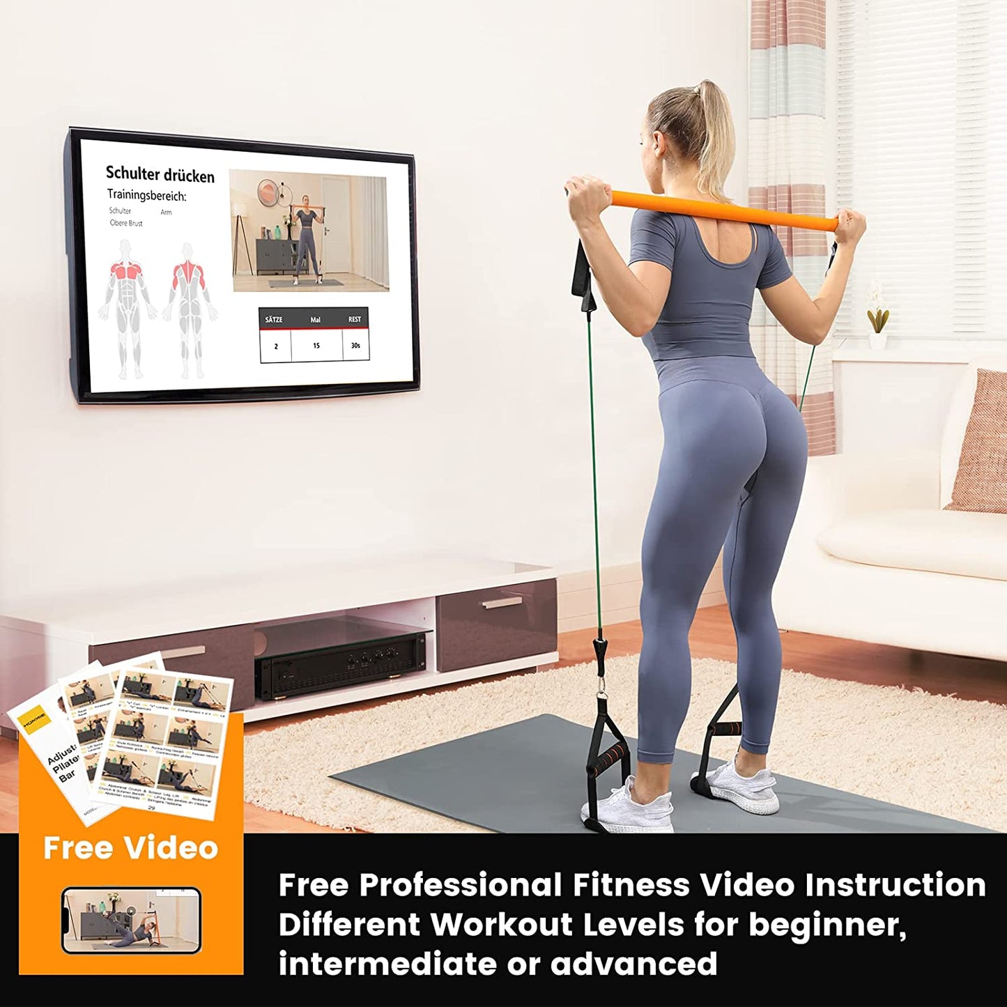 Portable Pilates Bar Kit with Resistance Bands - This upgraded 3-section Pilates bar comes with resistance bands in 20lb, 40lb, and 60lb options. It's suitable for both men and women and supports full-body workouts at home.