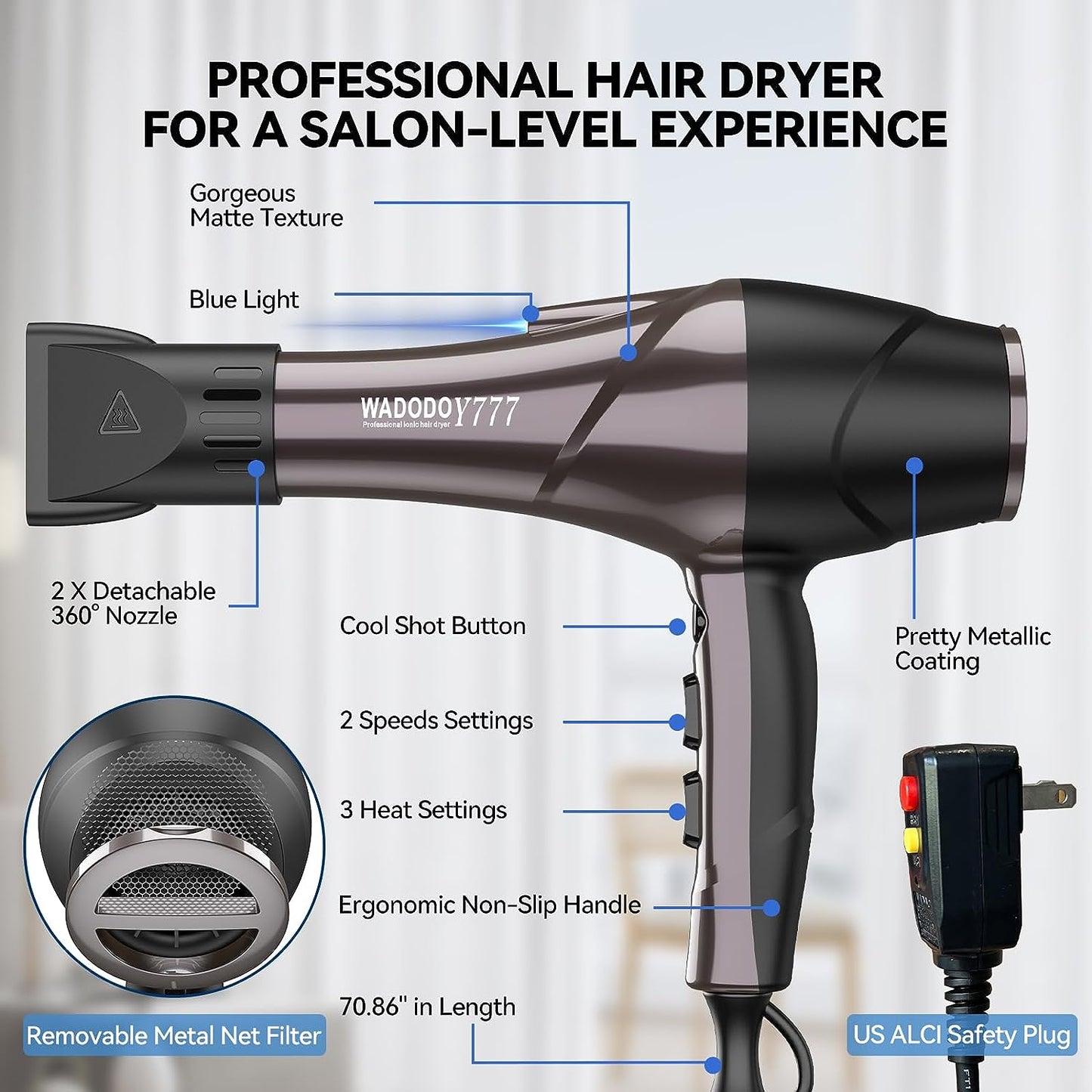 Professional Hair Dryer - 2200W Ionic Blow Dryer with Blue Ray Hair Care, Powerful AC Motor, Fast Drying, Constant Temperature, Low Noise; Suitable for Curly Hair, Ideal for Women and Men, Black Design.