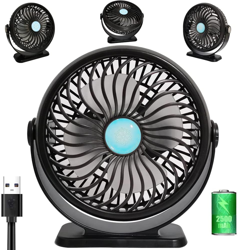 5-Inch USB Desk Fan with 3 Speeds: Powered by a 2600mAh Battery and USB, this Mini Desktop Fan Provides Strong Airflow. Versatile for Home, Office, Outdoor, and Travel Use. Color: Black.