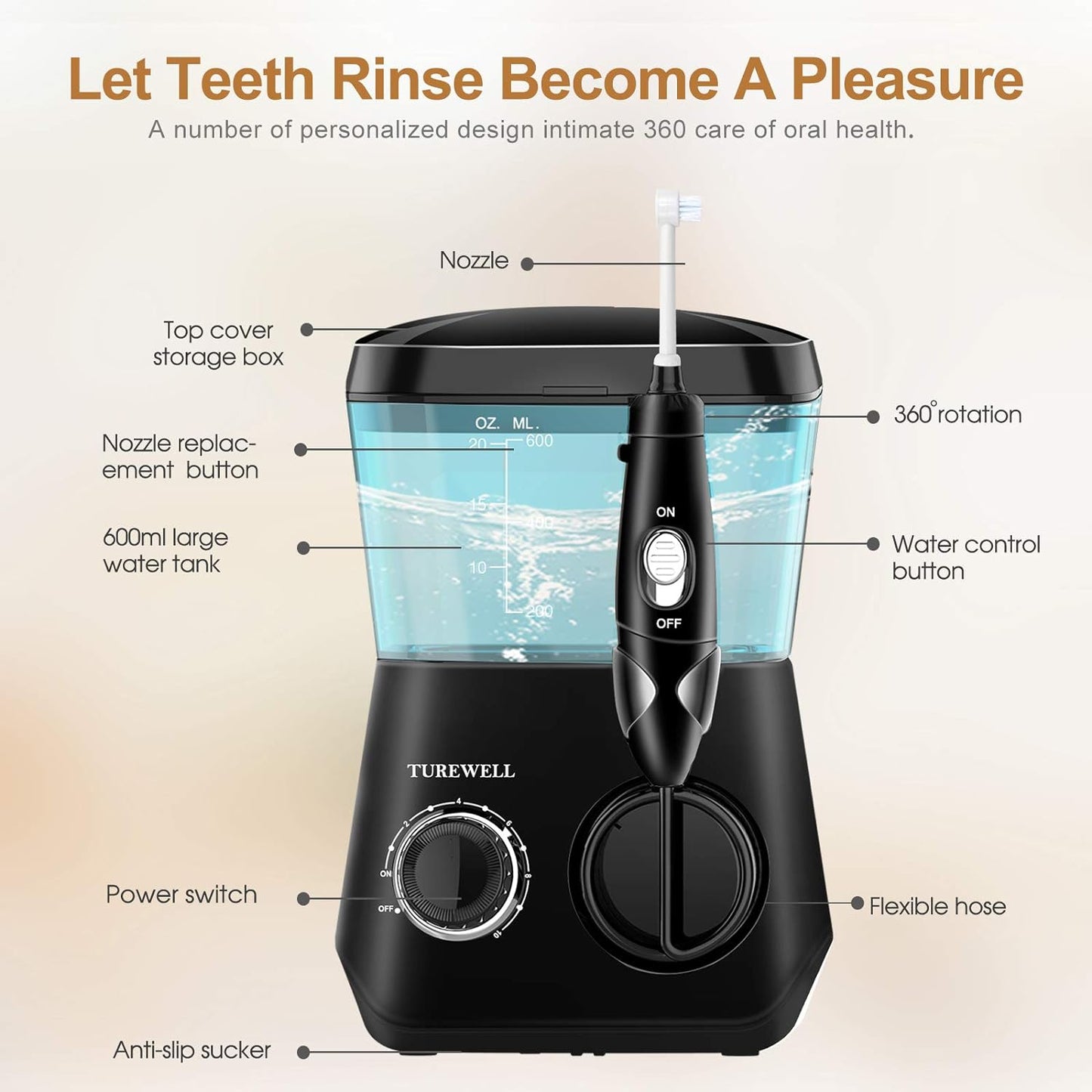 Dental Water Flosser - 600ML Electric Oral Irrigator with 10 Pressure Settings, Countertop Teeth Cleaning Device, 8 Replaceable Jet Tips - Suitable for Whole Families (Black)
