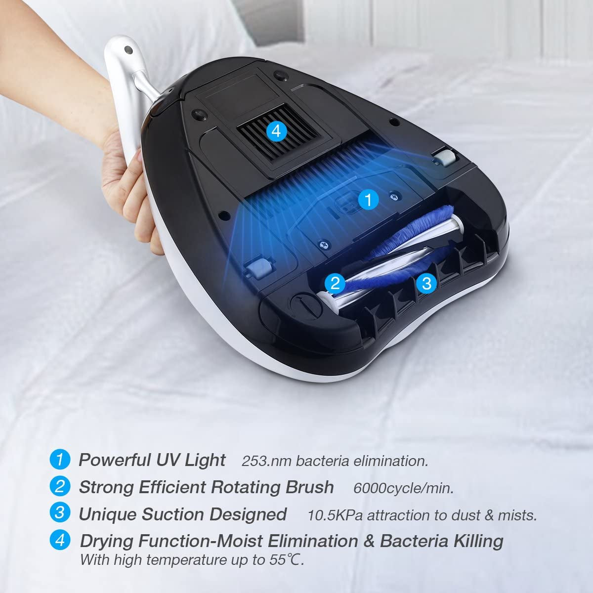 Bed Vacuum Cleaner - Powerful Suction, Handheld UV Vacuum for Effective Cleaning of Mattresses, Sheets, Pillows, Quilts, Sofas, Blankets, and Carpets