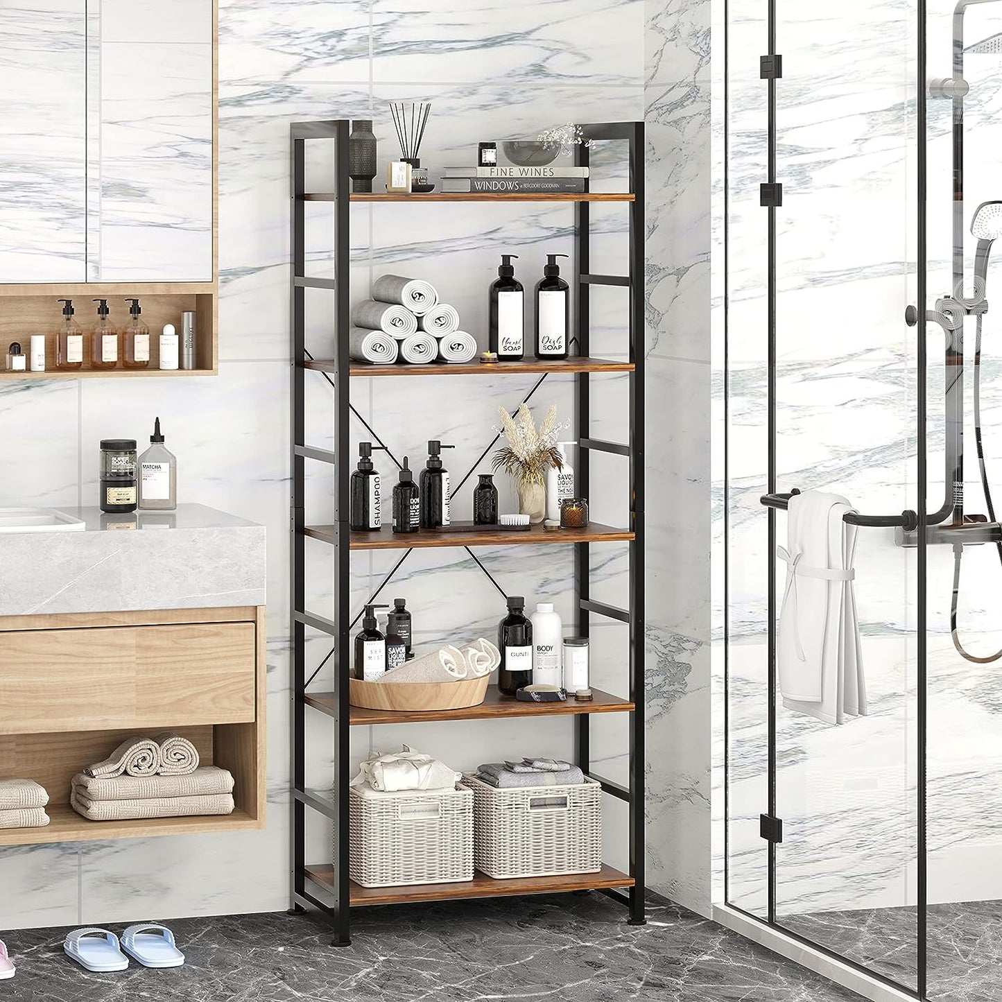 Rustic 5-Tier Industrial Bookshelf - 24x11.8x63 inches, Wood and Metal, Open Shelves, Living Room, Bedroom.