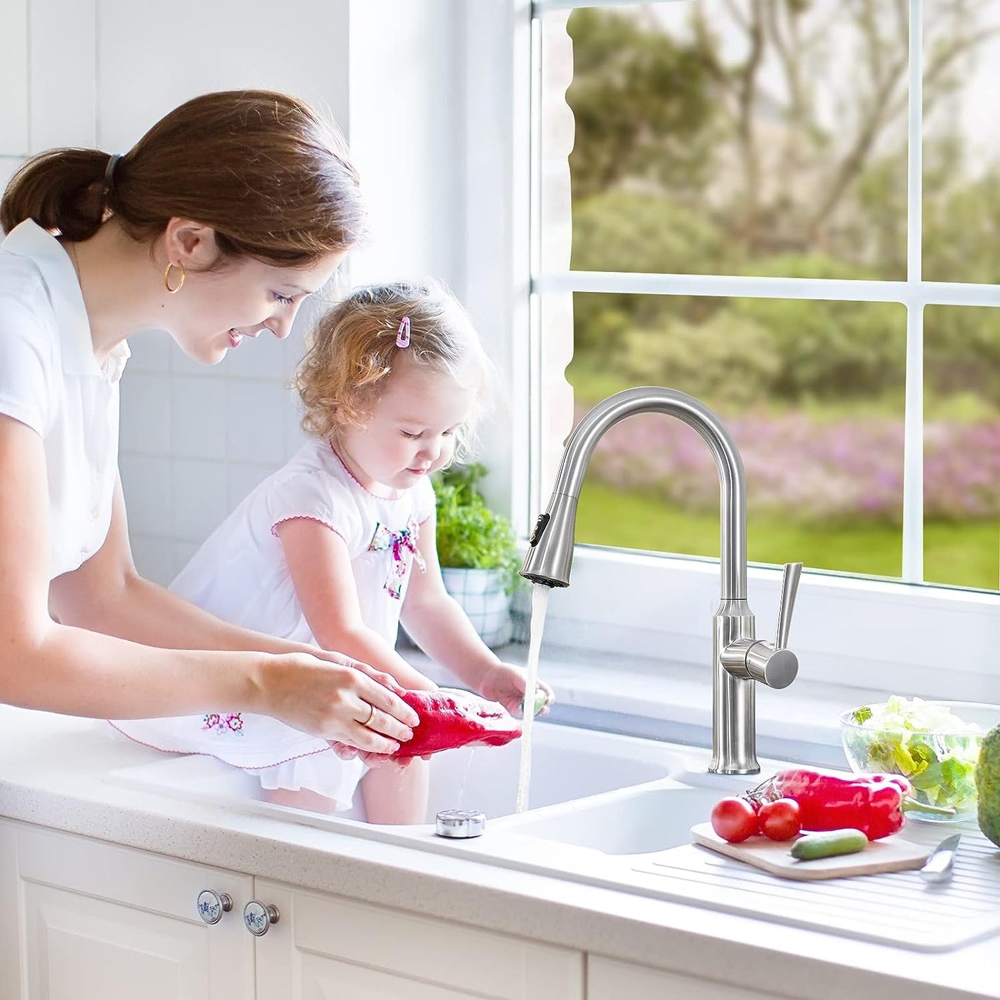 Touch On Kitchen Faucet with Pull Out Sprayer: A Single Handle Faucet with 3 Functions, suitable for kitchen sinks, bar sinks, RVs, and utility sinks. Can also be used as a Pot Filler Faucet and includes a Deck Plate.