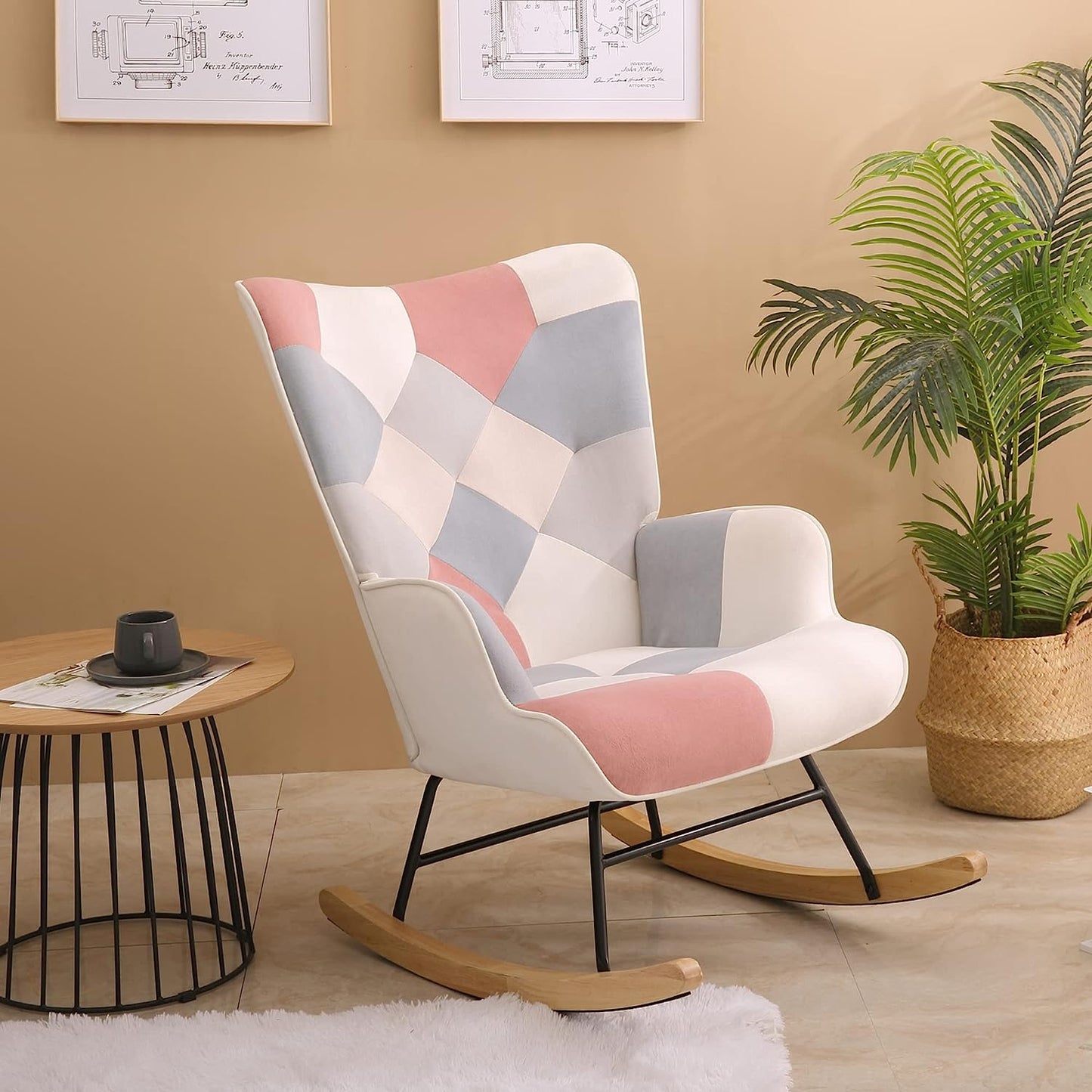 Accent Rocking Chair With Wooden Legs - Mid Century Fabric Rocker Patchwork Linen for Livingroom Bedroom, Pink