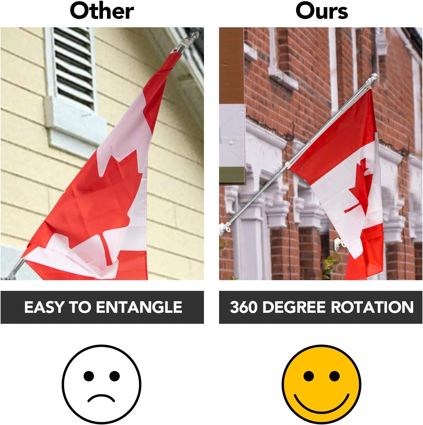 6FT Canada Flag Pole with Mounting Bracket and 3' x 5' Canada Flag - Ideal for House Porch & Outdoor Use, Featuring 360° Tangle Resistant Technology and Wall Mount Flag Pole Kit (Silver)