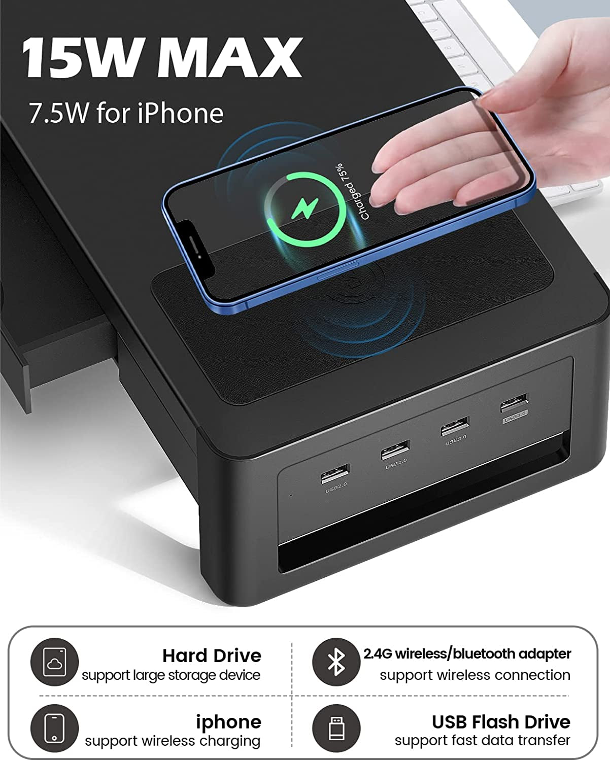 3 In 1 Dual Monitor Stand Riser with Drawers, USB Ports, and Data Transfer Support - Metal Computer Monitor Stand for Enhanced Organization and Device Connectivity - Suitable for PC, Laptop, and iMac