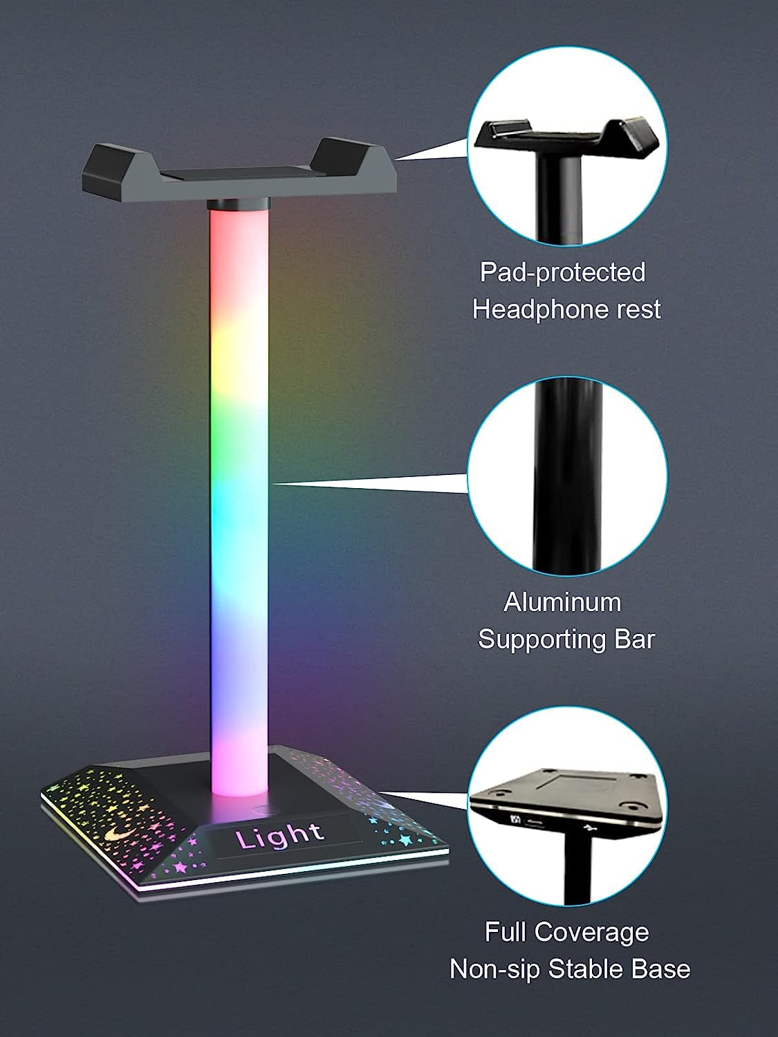 Gaming Headphone Stand with RGB Lighting: Desktop PC Gaming Accessories. Features 10 Light Modes and Non-Slip Rubber. The perfect gift for Husband, Kids, Boyfriend.