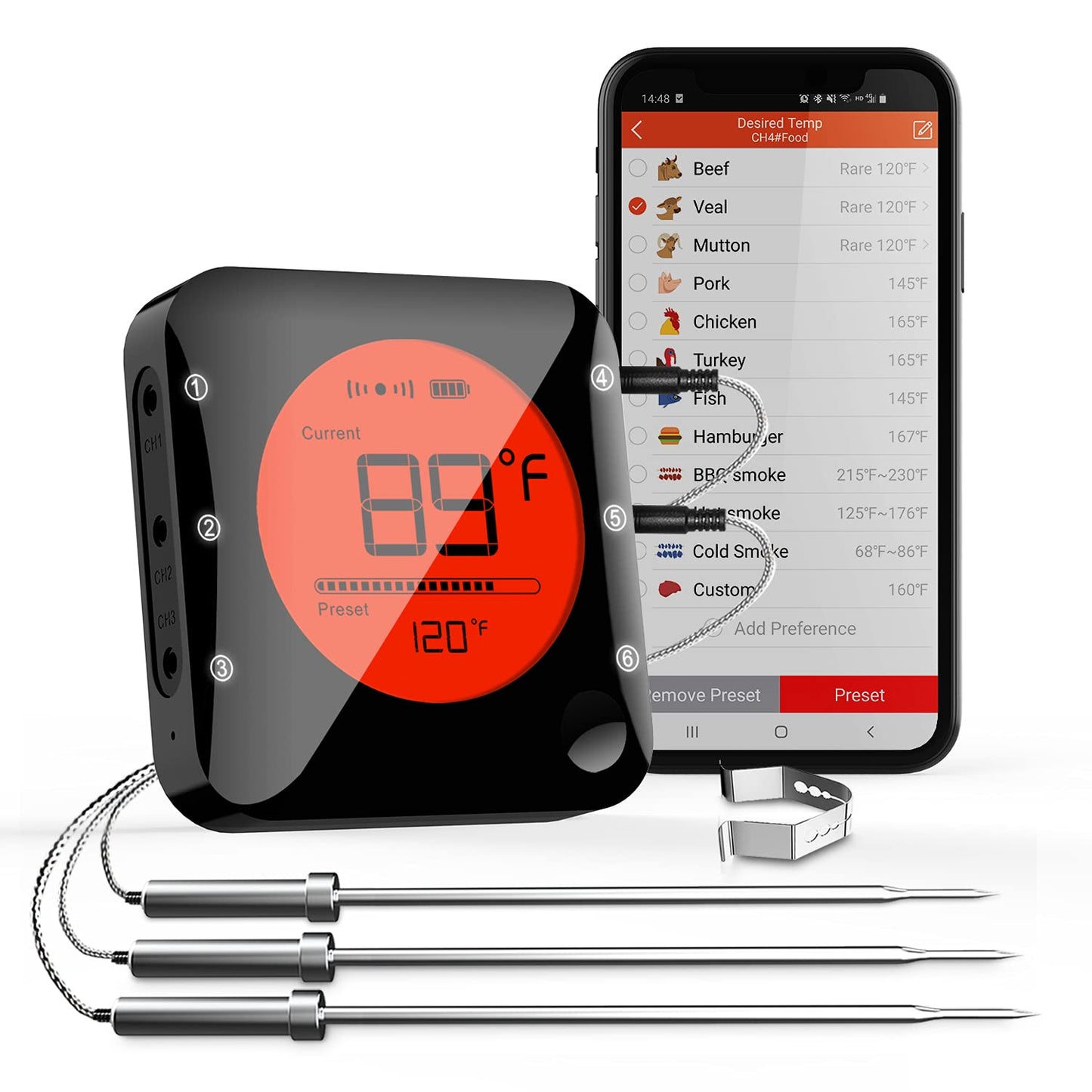 Wireless Bluetooth Digital Thermometer with 3 Probes - Remote BBQ Thermometer for Smoker, Kitchen, and Grill - Timer for Grilling, BBQ, Oven, and Candy