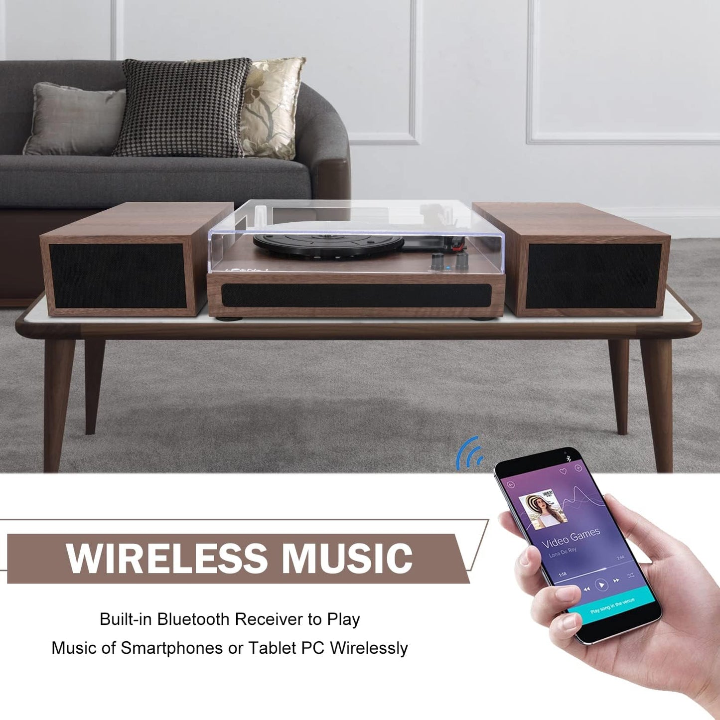 Wireless Record Player with Stereo Bookshelf Speakers - A Vinyl Record Player that supports Bluetooth, features Auto-Stop, and comes in a Walnut Wood design.