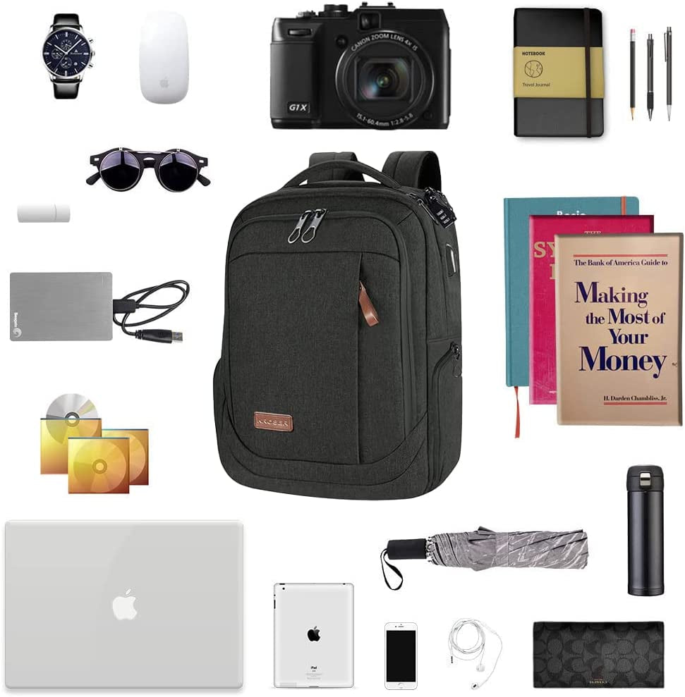 Large Laptop Backpack for 15.6-17.3 Inch Laptop with USB Charging Port, Water-Repellent Travel Backpack for School, Business, and College - Charcoal Black