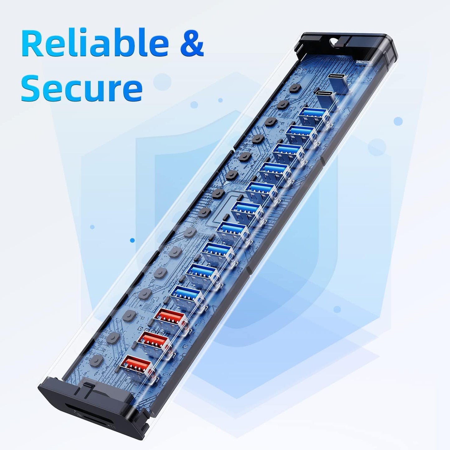 17-Port USB 3.0 Powered Hub with Charging Ports, USB-C Ports, and Card Reader, Individual On/Off Switches, 90W Power Adapter for Laptop and PC