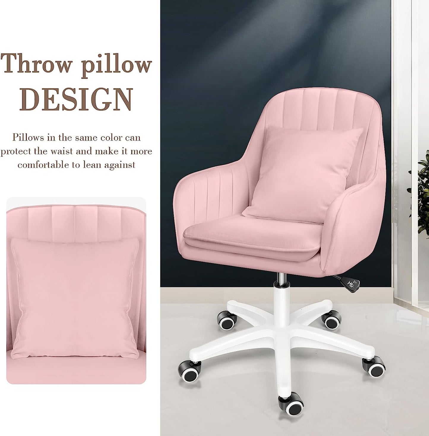 Upholstered Modern Tufted Computer Chair - Office Chairs, Task Chair Swivel Height Adjustable Velvet Accent Chair with Wheels for Living Room Bedroom (Modern, Pink)