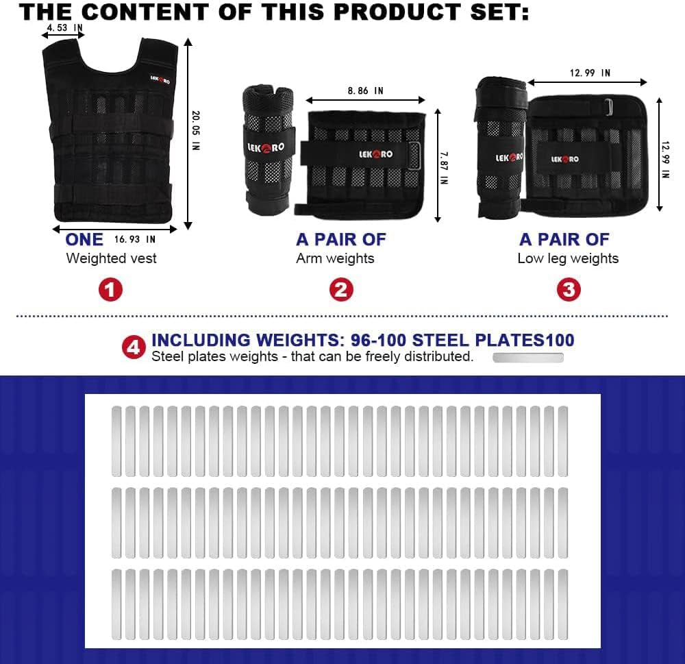 Complete Adjustable Weighted Vest Set with Arm and Leg Weights for Weight Training Workouts - Includes Jacket, Wrist Weights, Ankle Weights, and 96-100 Steel Plates