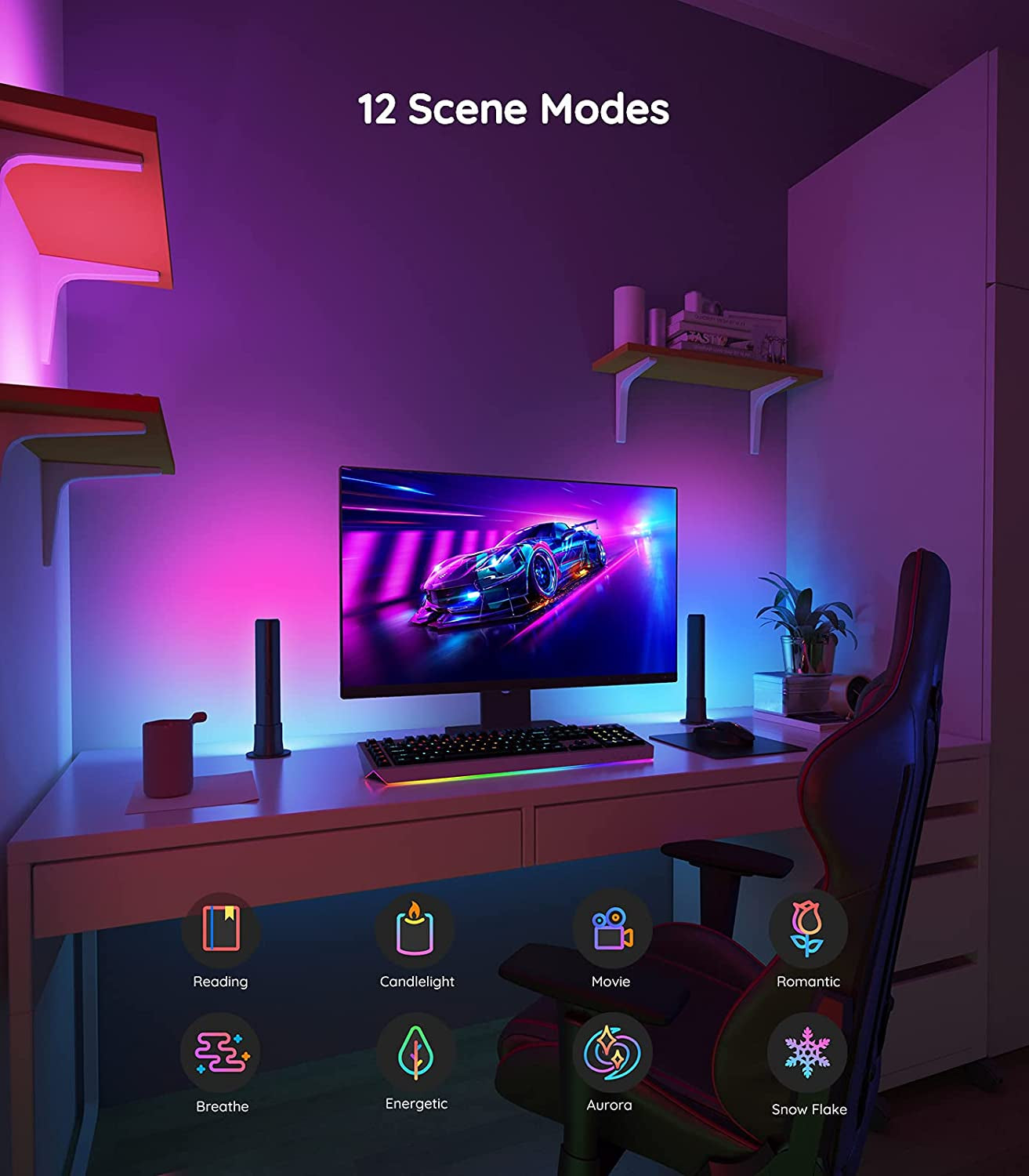 Compact RGBICWW smart LED light bars offer 12 scene modes, music modes, and Bluetooth connectivity. They are perfect for enhancing entertainment setups, PCs, TVs, and room decor. Please note that these light bars do not support WiFi or Alexa.
