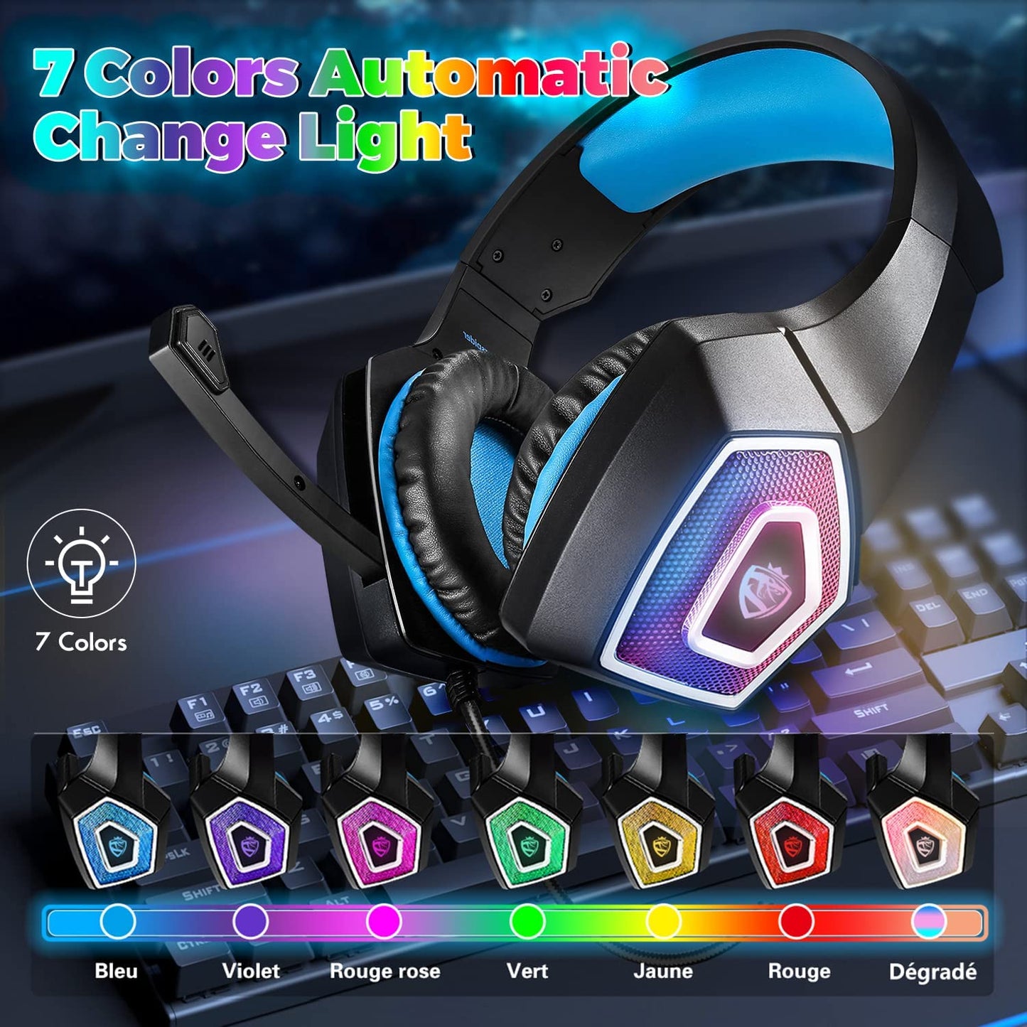 Stereo Over Ear Gaming Headphones for Xbox One, PS4, PS5, PC, Switch, Tablet, and Smartphone. Features Bass, 3.5mm Microphone, Noise Canceling, 7 LED Light, and Soft Memory Earmuffs. Includes Free Adapte