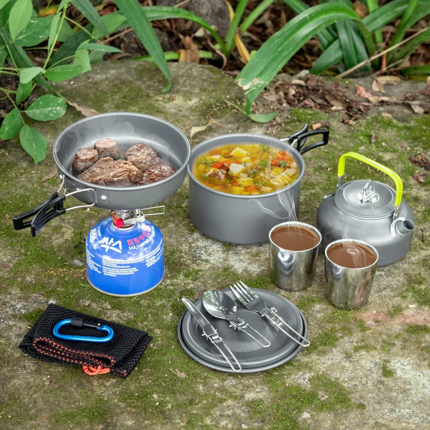 Camping Cookware Mess Kit with Mini Stove and Lightweight Utensils - Pot, Pan, Kettle, Cups, and Cutlery Set for Backpacking, Outdoor Camping, Hiking, and Picnics