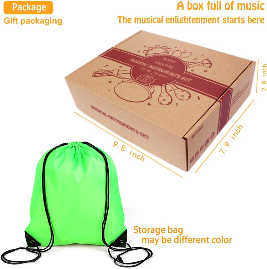 Wooden Musical Instruments Set for Children - Crafted from Safe and Friendly Natural Materials, designed to support Kid's Music Enlightenment. This Percussion Instrument Music Toys Kit is suitable for Preschool Education and includes a Storage Mesh Bag
