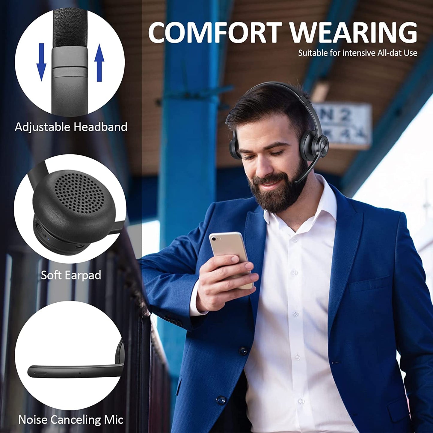 Wireless Headset V5.2 Bluetooth Headphones with Noise Cancelling Microphone, On-Ear Wireless Headset for Cell Phones, Laptop, Computer