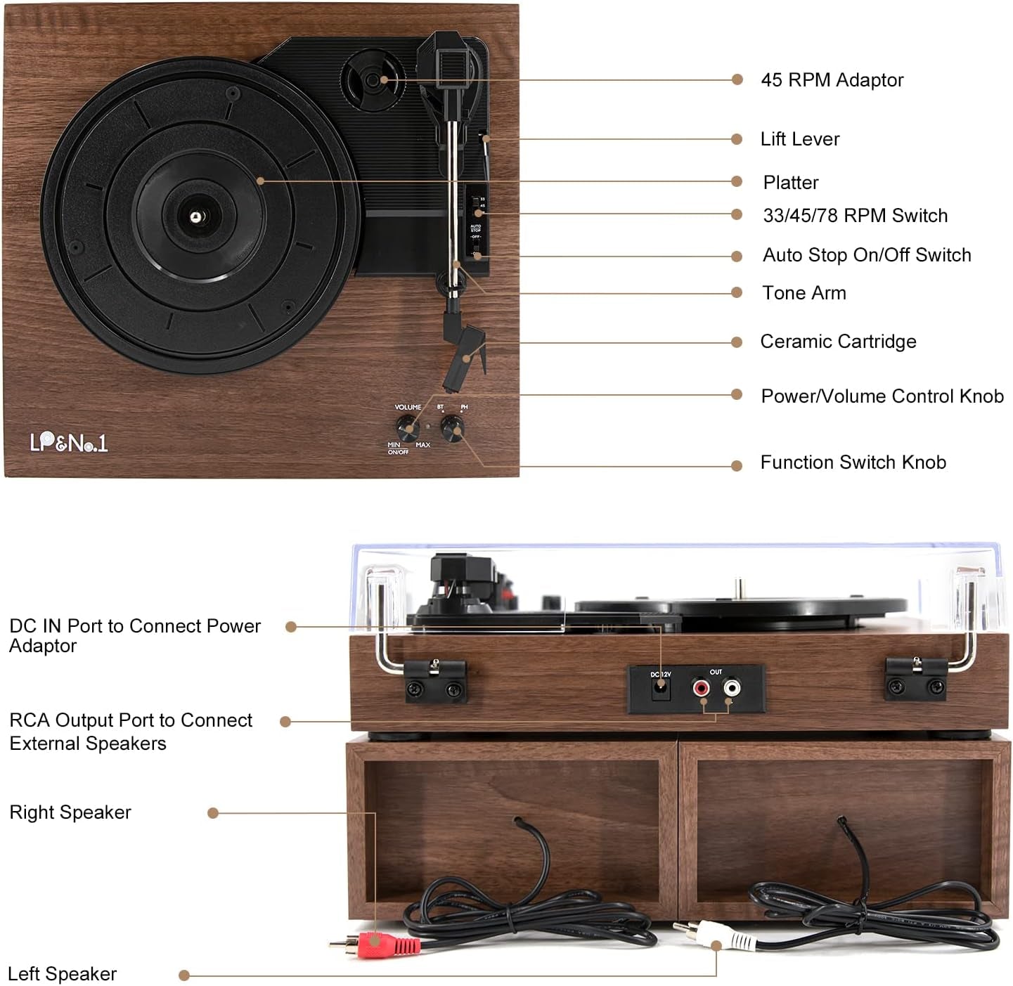 Wireless Record Player with Stereo Bookshelf Speakers - A Vinyl Record Player that supports Bluetooth, features Auto-Stop, and comes in a Walnut Wood design.