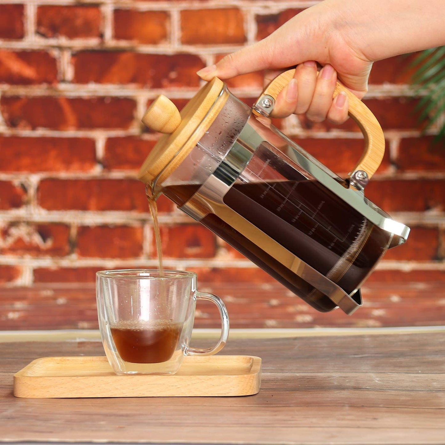 French Press Coffee Maker - 34 oz Capacity - Made from High Borosilicate Glass - Features a Durable Bamboo Handle - Portable Brewer for Coffee and Tea - Generous 1000ml Size.