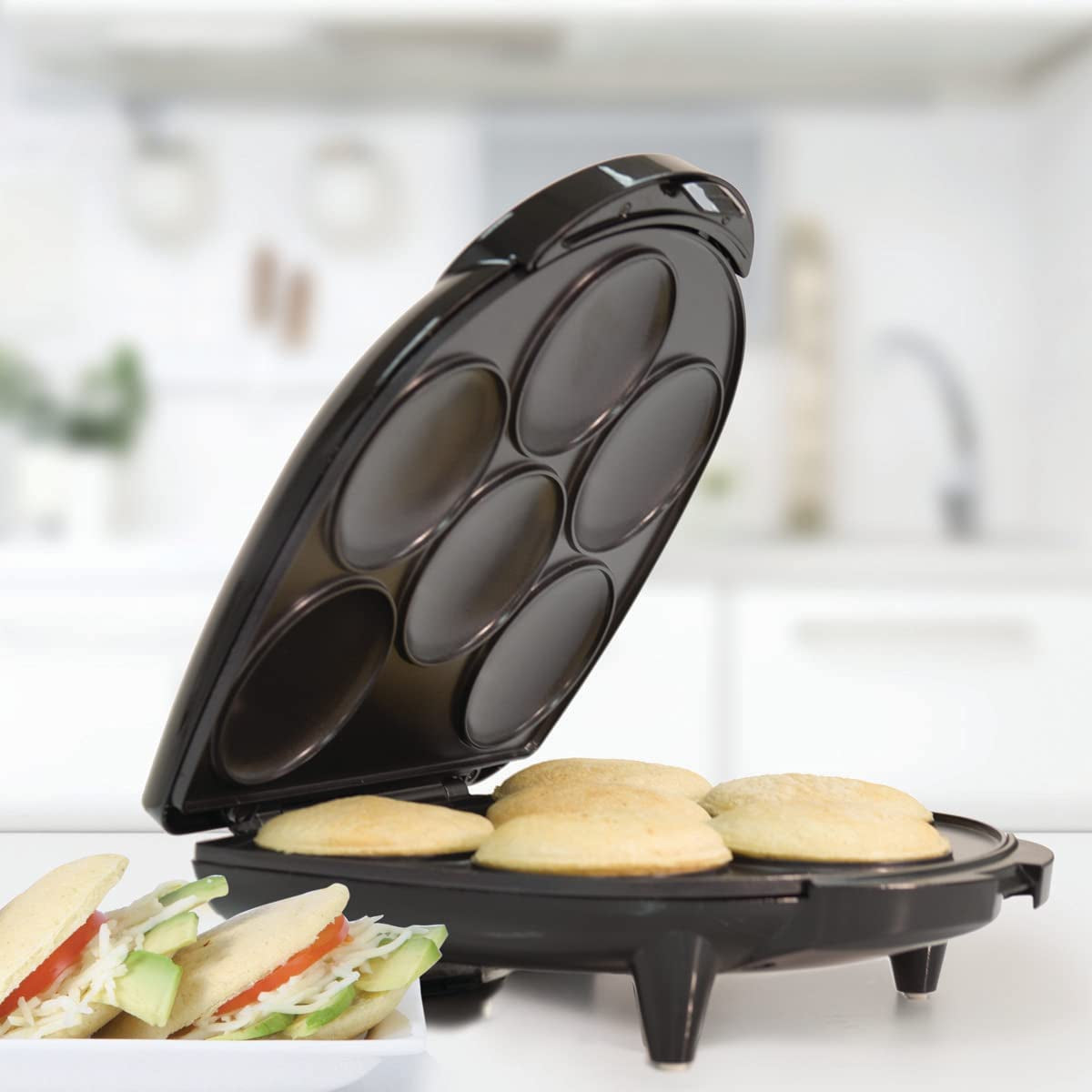 Non-Stick Multi-Food Maker for Arepas and More - Create Delicious Arepas, Pancakes, Corncakes, and Tosti Arepas with Ease - 6-Section Design - User-Friendly - Black (6-PC)