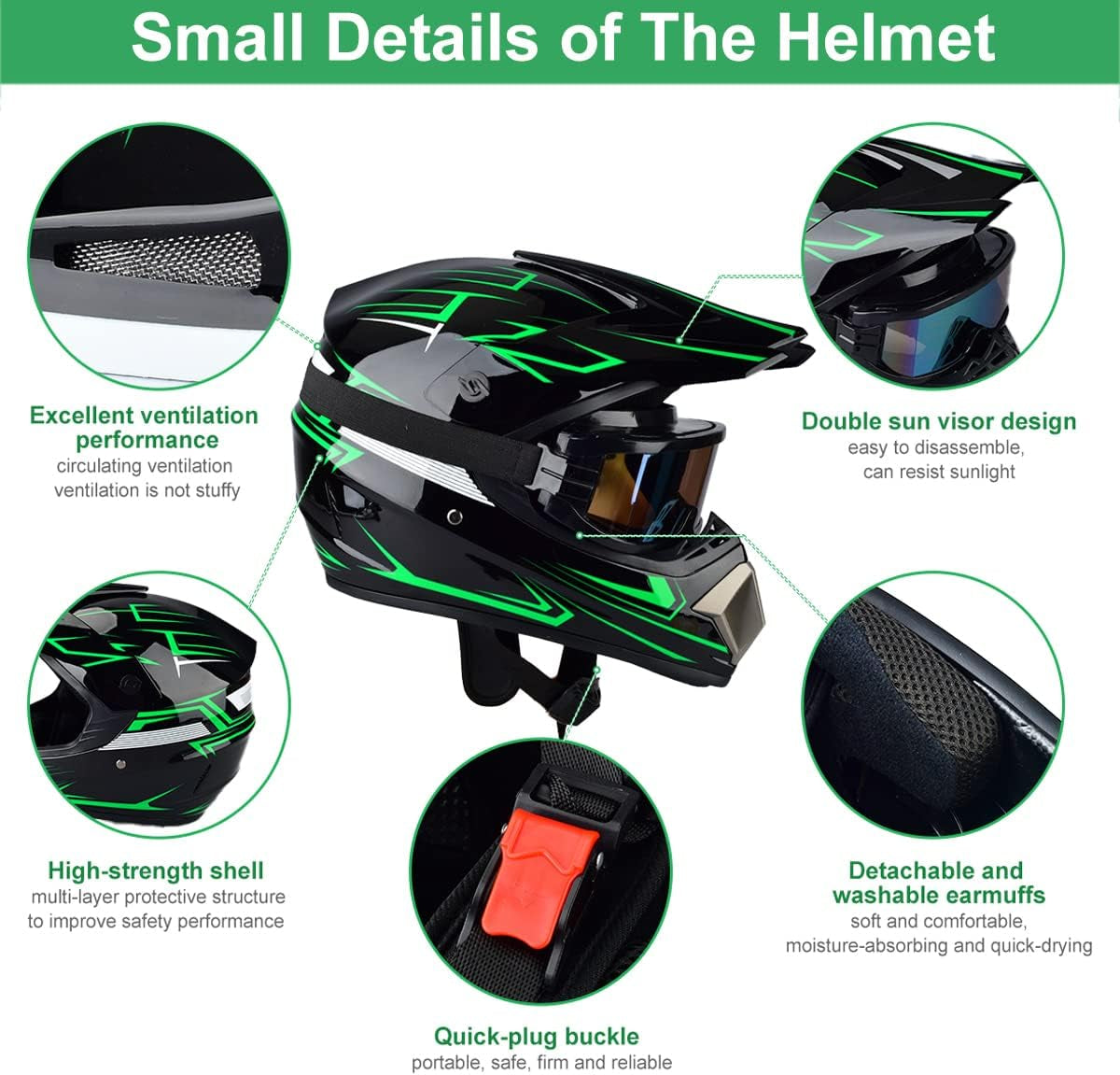 Motocross Helmet Set: Adult Sun Visor Motorcycle Helmet, suitable for Dirt Bike and Mountain Bike. Includes Windproof Mask, Goggles, and Gloves (4Pcs Set).