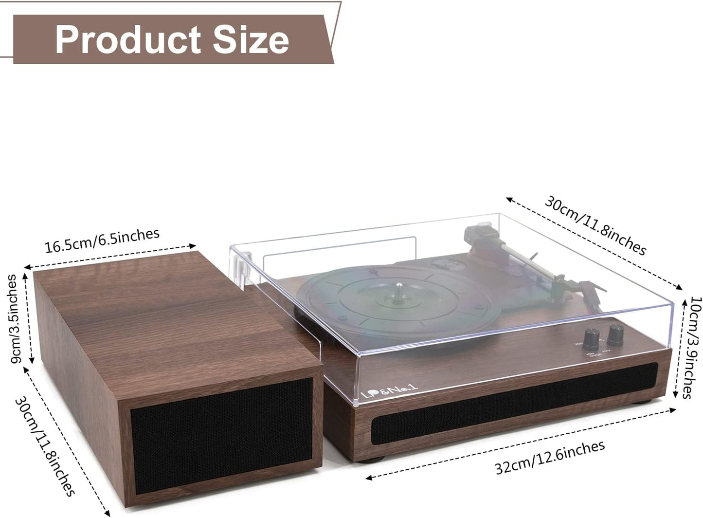 Wireless Record Player with Stereo Bookshelf Speakers - A Vinyl Record Player that supports Bluetooth, features Auto-Stop, and comes in a Walnut Wood design.