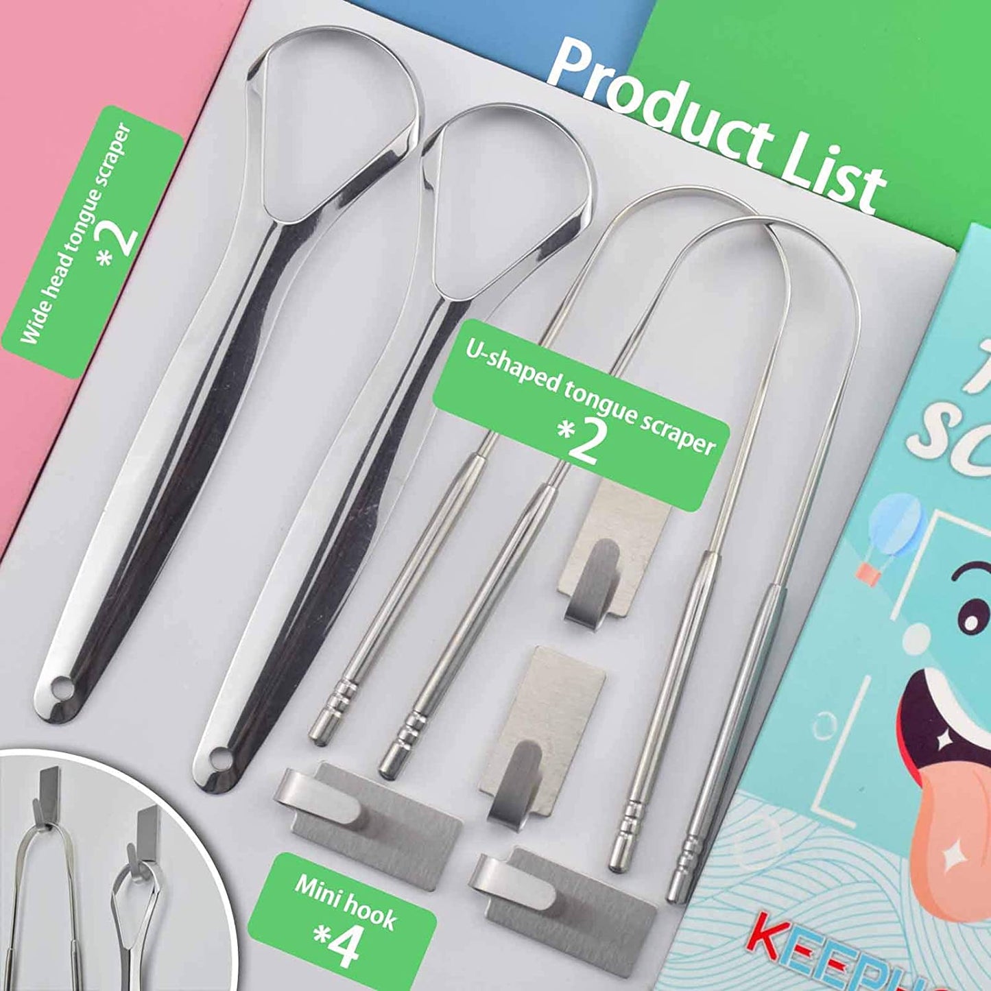 Medical Grade Stainless Steel Tongue Scraper (4 Pack) - Tongue Cleaner with Mini Hooks for Adults and Kids - Promotes Oral Health and Reduces Bad Breath