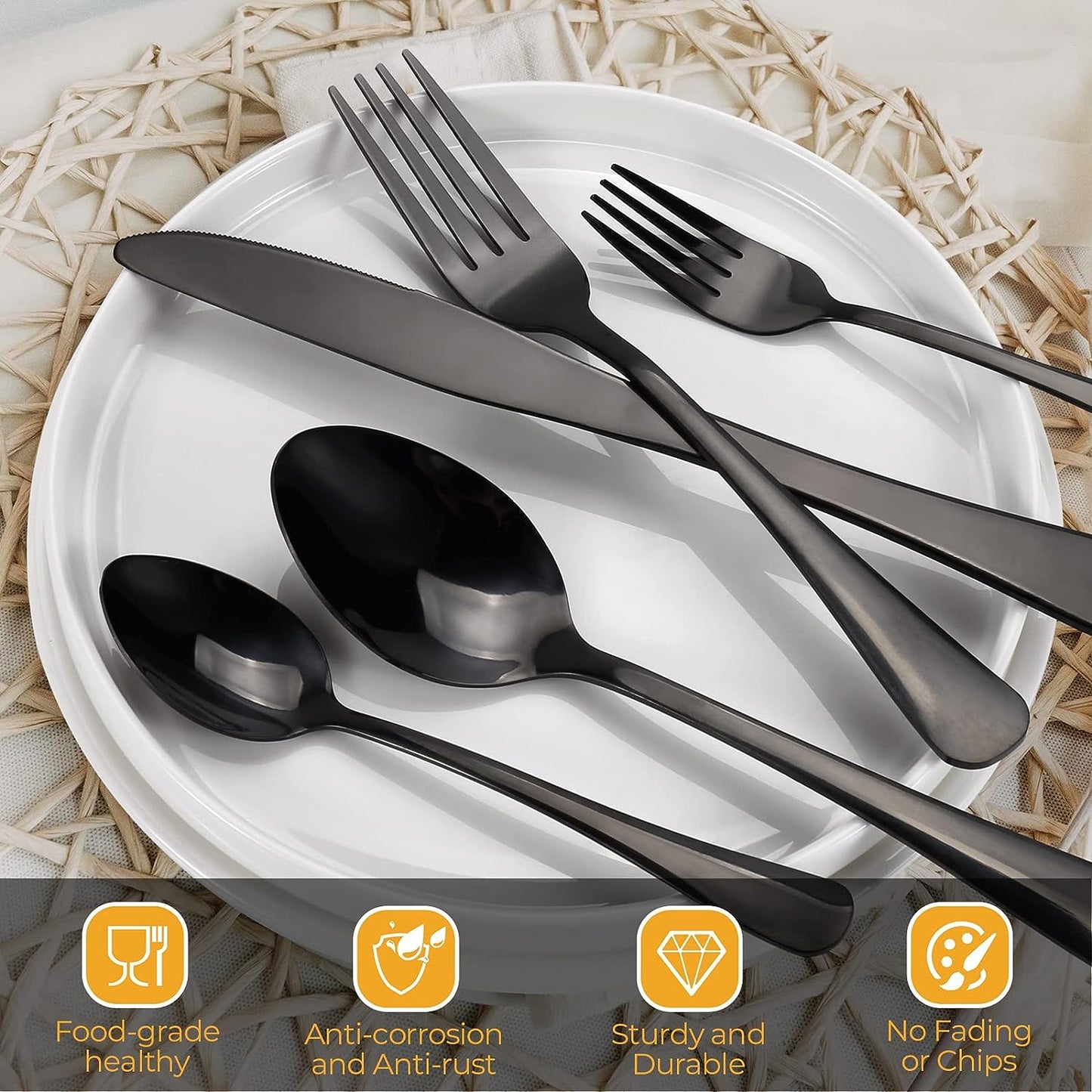 20-Piece Black Silverware Set: Flatware Set for 4, including Stainless Steel Cutlery with Knife, Fork, and Spoon. Modern Tableware with Mirror Polished Finish, suitable for Home, Restaurant, and Parties.