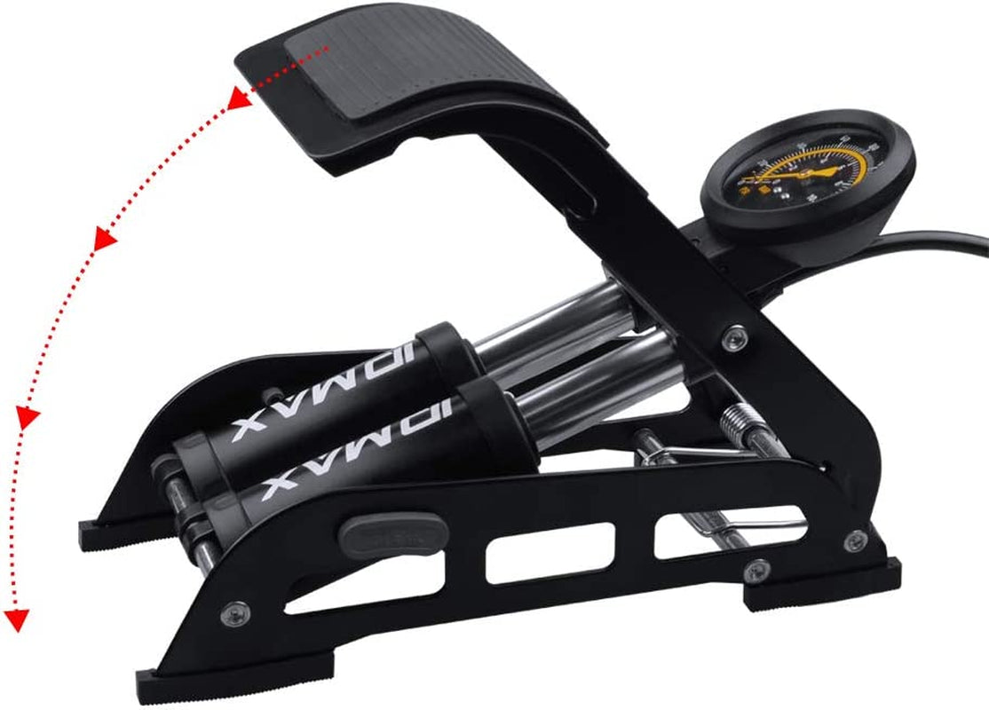 Double Cylinder Bike Floor Pump - Double Barrel Foot Pump - Portable Bicycle Tire Pump with Pressure Gauge & Smart Valve Head - Ideal for Bike Inflation