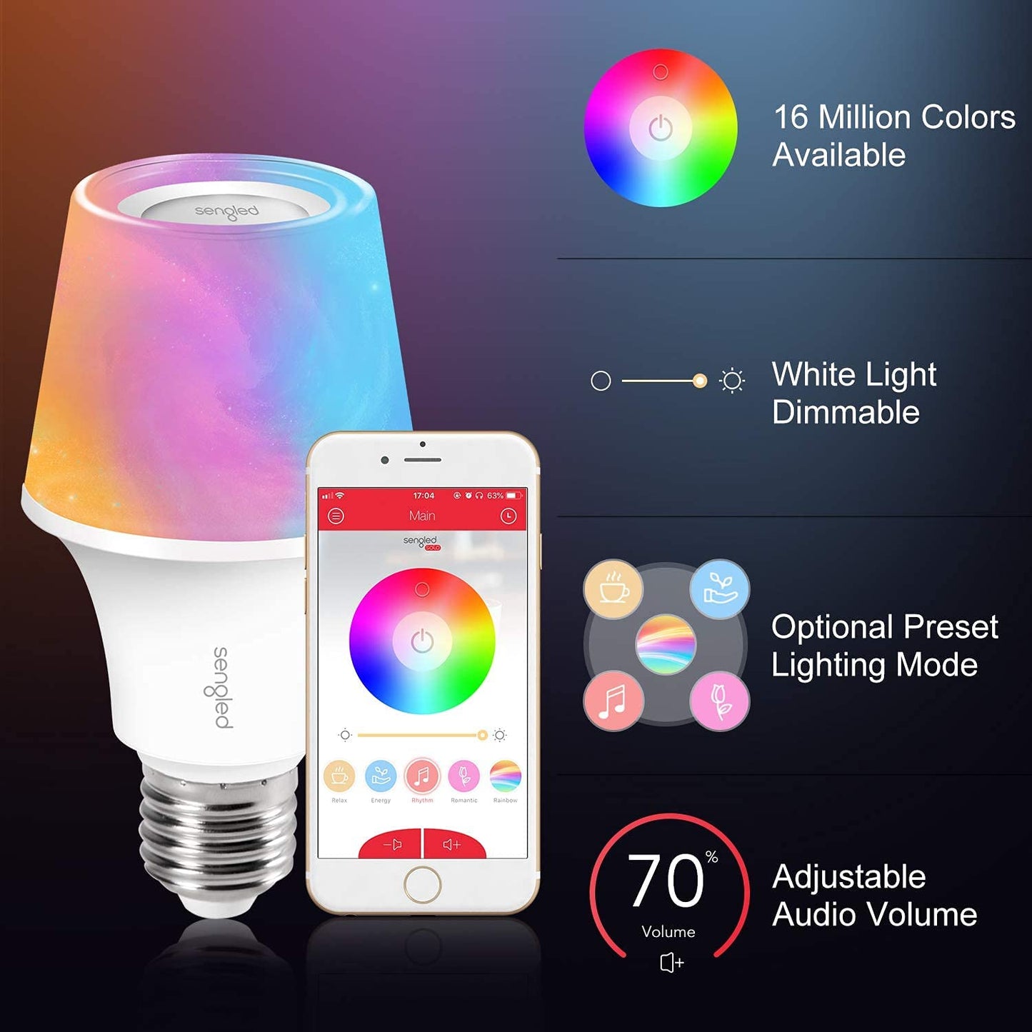 1 Pack Solo RGBW Bluetooth Smart Bulb Speaker, Dimmable Multi Color Changing LED Light Bulb with Wireless Bluetooth Speaker, Compatible with Alexa, 60W Equivalent E26 BLE Smart Music Bulb