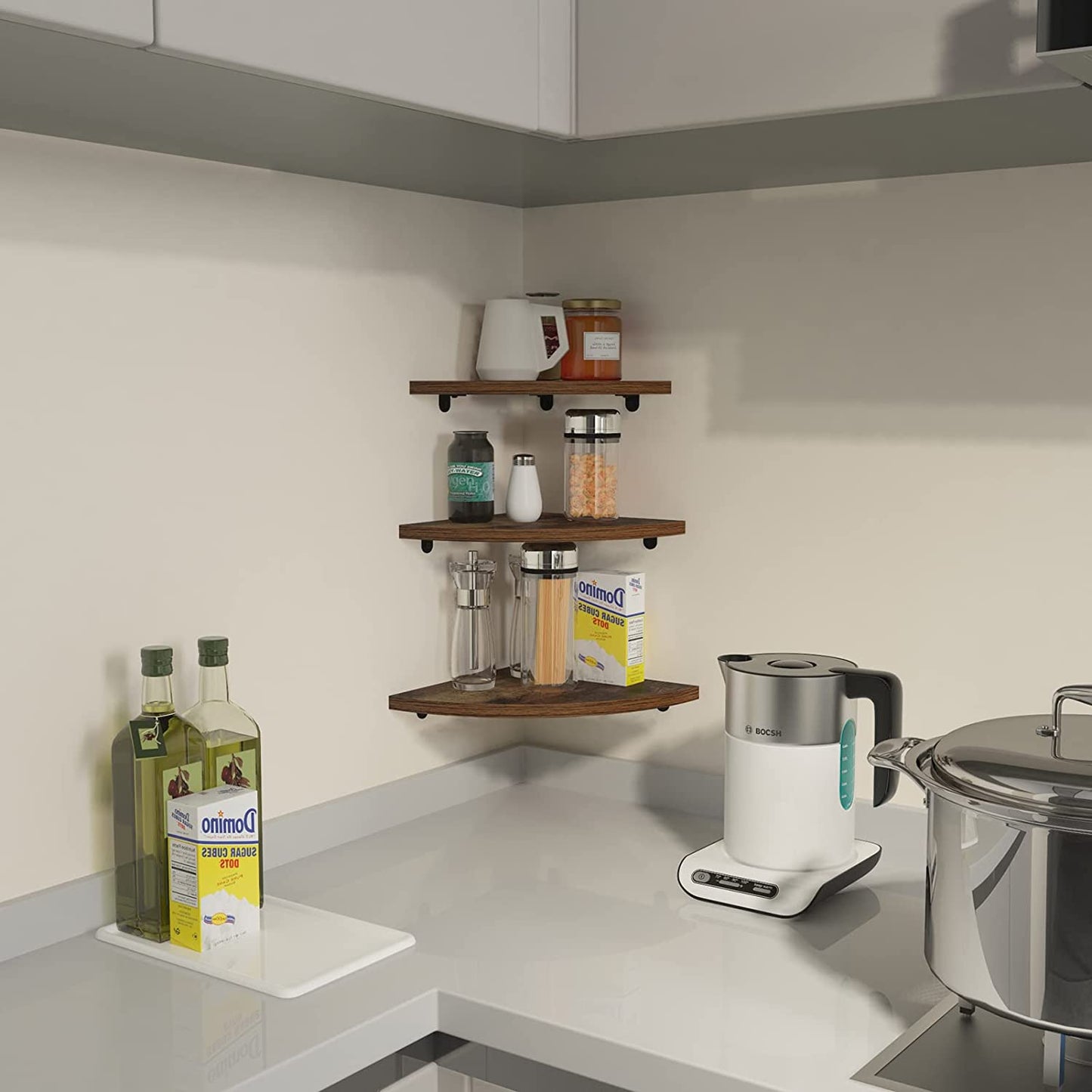 Set of 6 Floating Corner Shelves - Rustic Wood Design - Ideal for Bedroom, Living Room, Bathroom, and Kitchen - Adds Decorative and Functional Space to Corners.