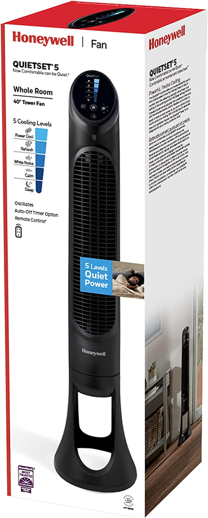 HYF260BC QuietSet® 40” Tall Tower Fan for Home, Bedroom, and Office with 75° Oscillation, Remote Control, 5 Speeds, Slim Profile, Auto Shut-Off, Portable Design, and Easy-to-Use Controls in Black