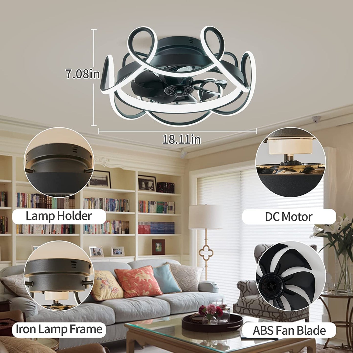 Modern Geometric Ceiling Fan with Lights and Remote Control - Bladeless Design, Quiet Operation, Stepless Dimming, 6 Wind Speeds, Low Profile Flush Mount Ceiling Fan for Bedroom and Living Room.