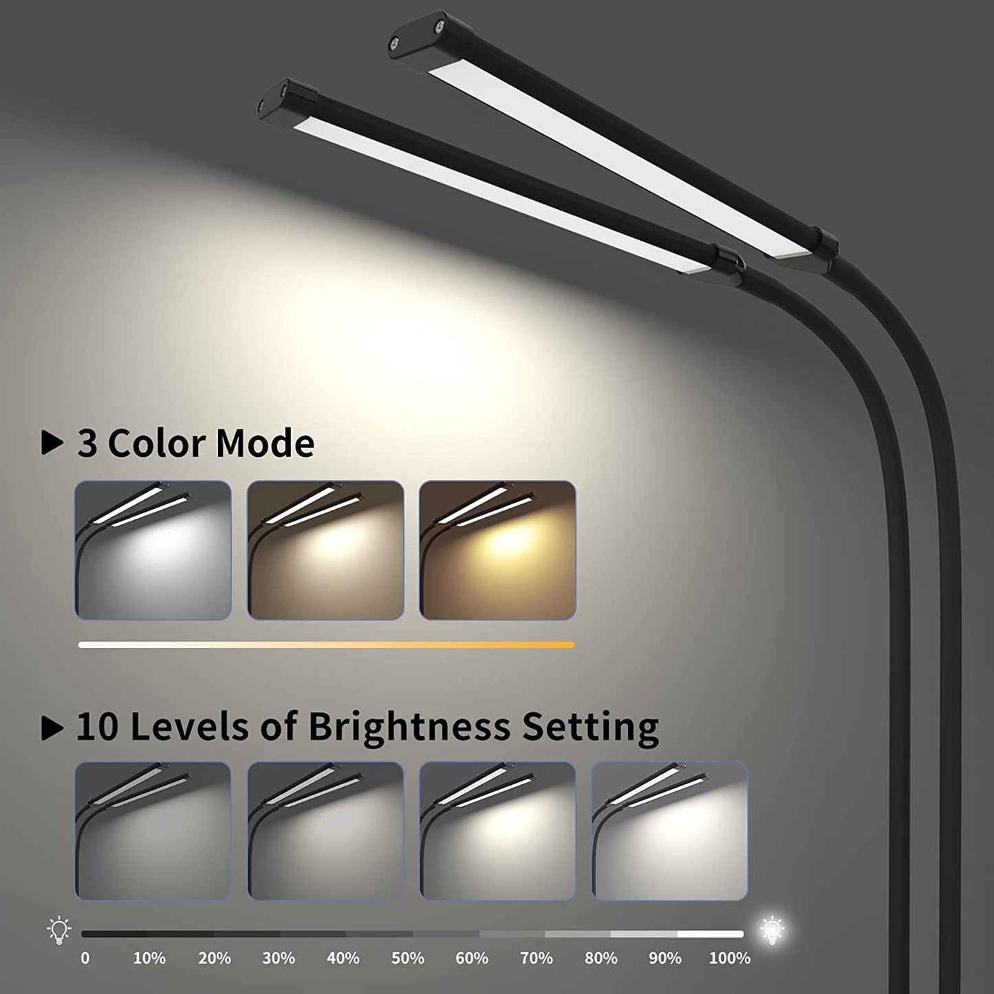 Clamp Desk Lamp with 2 LED Tubes for Home Office, Flexible Gooseneck Reading Light, Clip-on LED Book Light for Bedroom, Table, Headboard, College Dorm, and More - Black