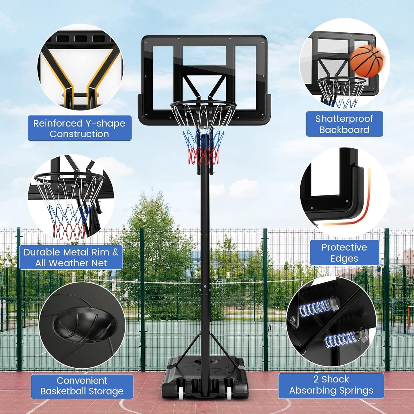 Adjustable Outdoor Basketball System with Shatterproof Backboard and Solid Metal Rim