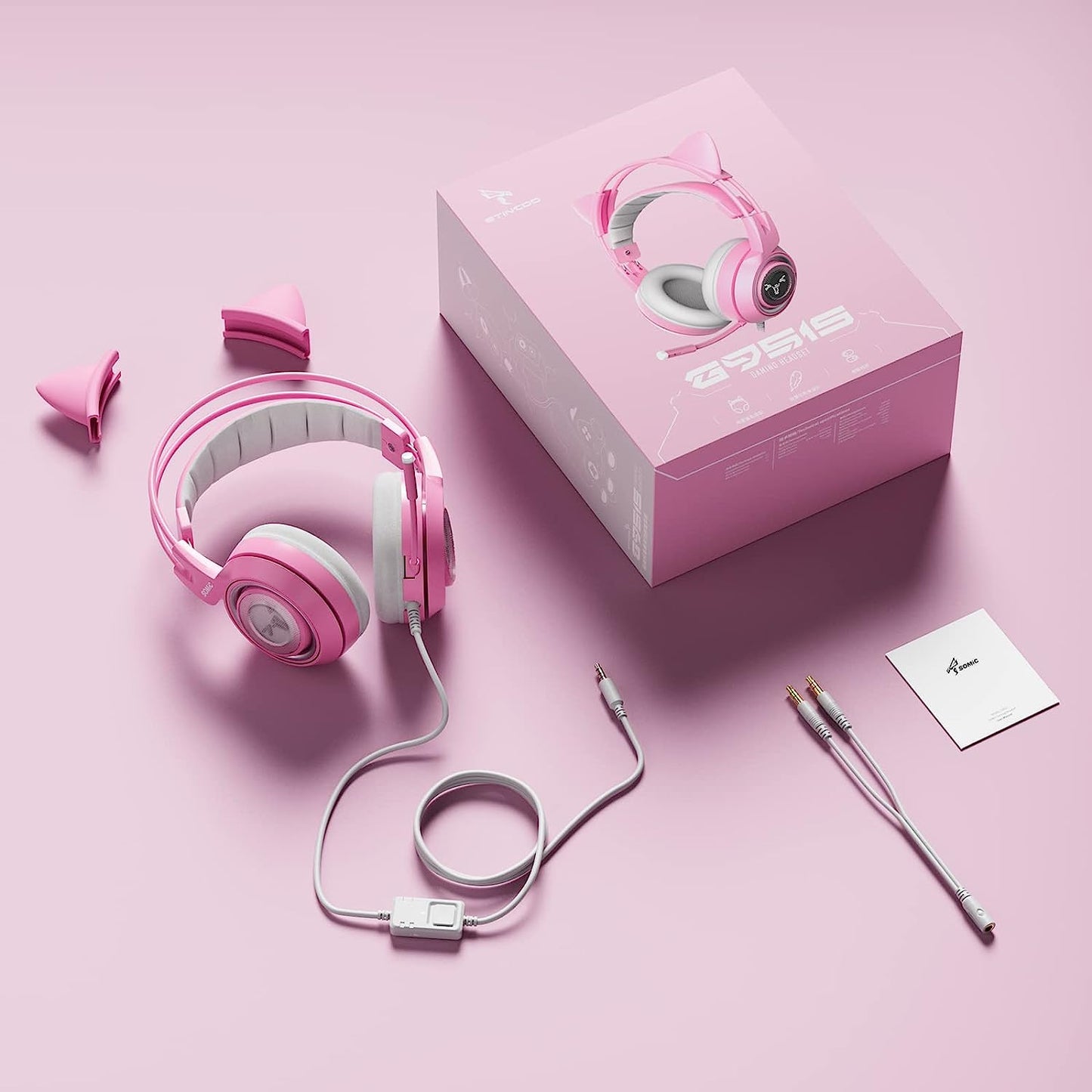 Pink G951S Stereo Gaming Headset, Lightweight over Ear Headphones with Mic. Compatible with PS4, Xbox, PC, and Mobile Phone. Features 3.5mm Noise Reduction and Cat Ear Headphones.
