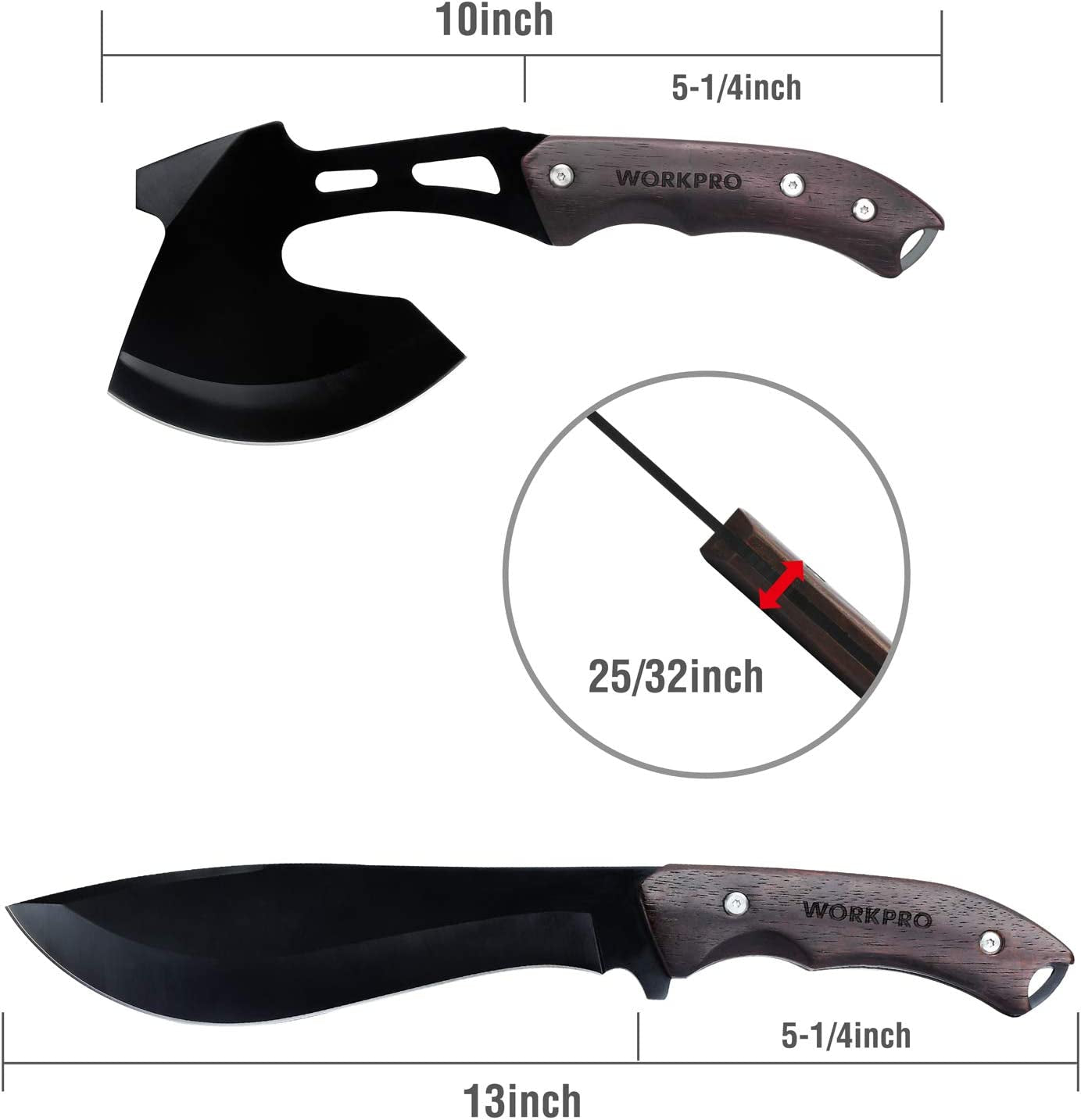Outdoor Combo Set: Axe and Fixed Blade Knife - Full Tang Design with Wood Handles, Ideal for Camping, Survival, Hunting, and Hiking; Includes Nylon Sheath for Protection.