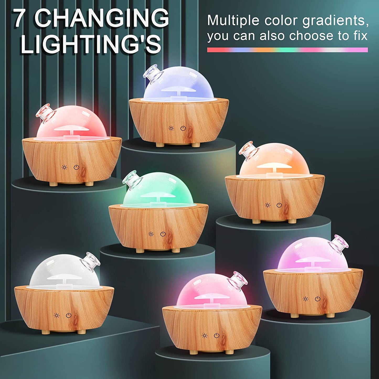 Glass Essential Oil Diffuser with Wood Grain Base, 280ml Aromatherapy Cool Mist Humidifier, LED Light in 7 Colors with Waterless Auto-Off Protection for Office, Home, Yoga, Spa