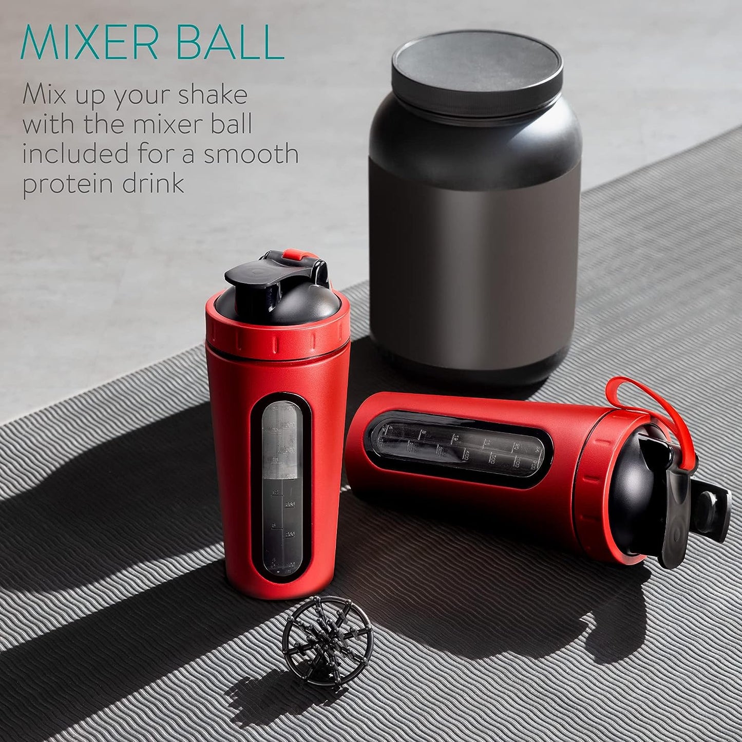 25 oz Stainless Steel Protein Shaker - Nutrition Protein Drink Bottle with Mixer Blend Ball - Red - 25 Fluid Ounce Capacity.