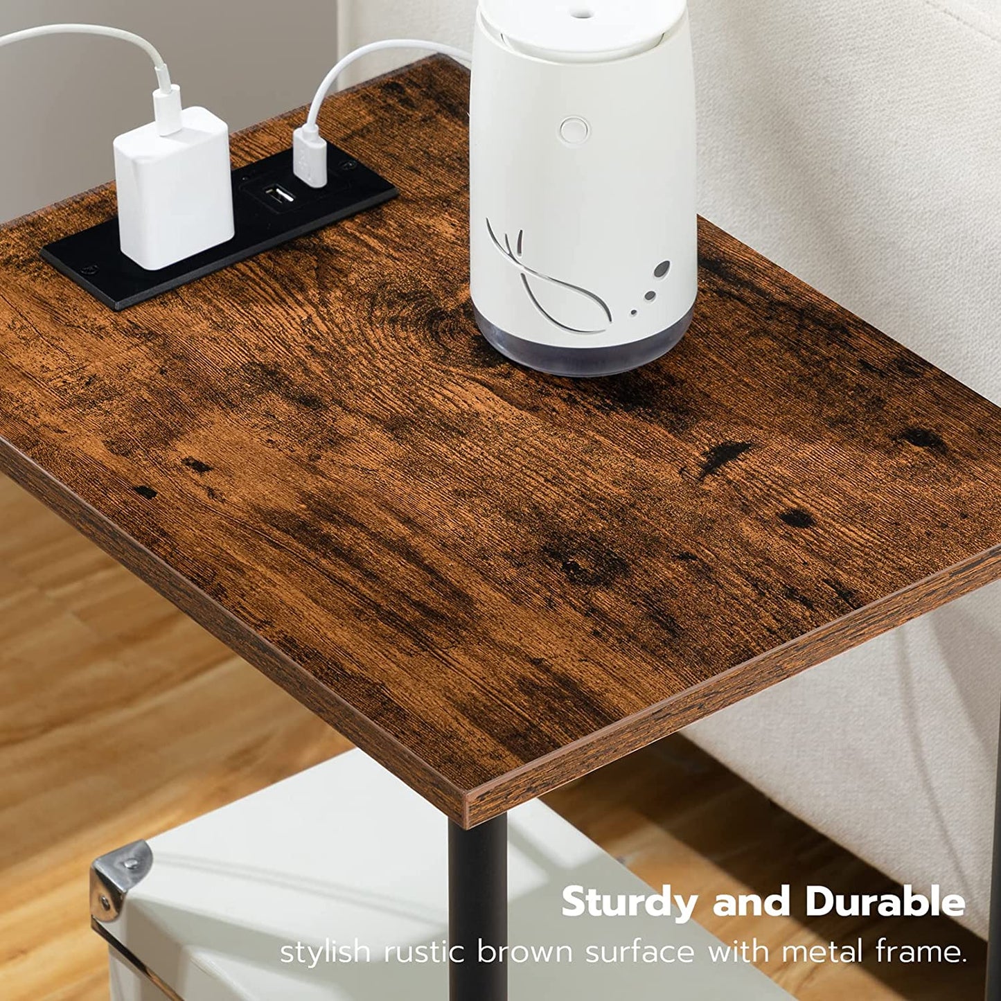 Charging Station Side Table: Rustic Brown End Table with USB Ports, Outlet, and 2-Layer Storage Shelves - Perfect for Small Spaces, Living Room, Bedroom - Stable Frame