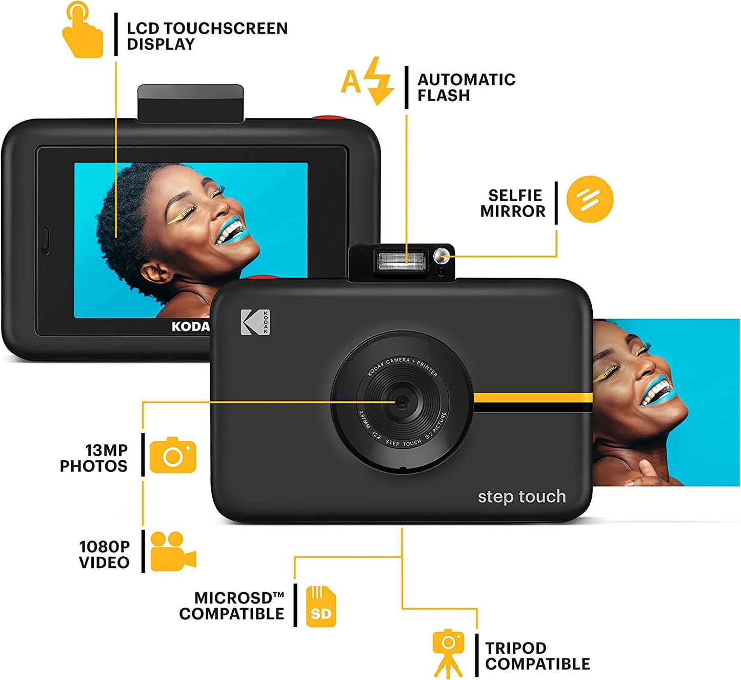 Step Touch | Digital Camera and Instant Printer with 13MP, 3.5" LCD Touchscreen Display, 1080P HD Video, Bluetooth Connectivity, Zink Zero Ink Technology | Black