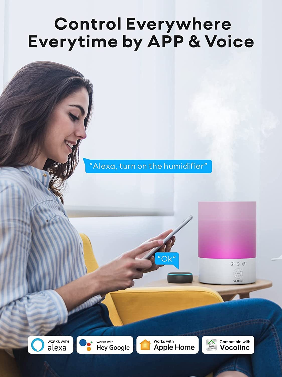 Smart Cool Mist Humidifier: 2.5L Humidifier with Auto-Target, Child Lock, 16 Million Colors, Suitable for Plants and Babies, Compatible with Apple HomeKit, Alexa, and Google Assistant