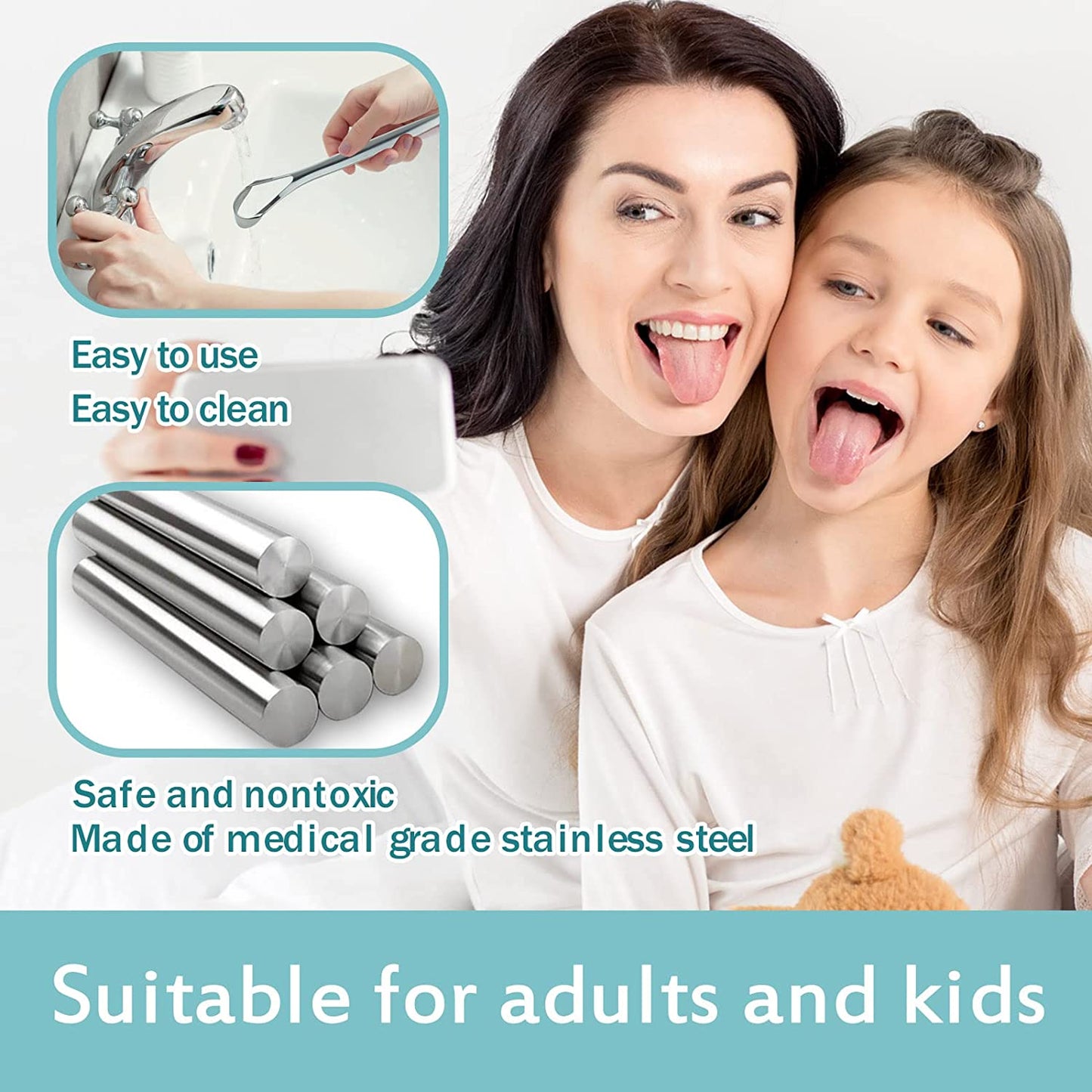 Medical Grade Stainless Steel Tongue Scraper (4 Pack) - Tongue Cleaner with Mini Hooks for Adults and Kids - Promotes Oral Health and Reduces Bad Breath