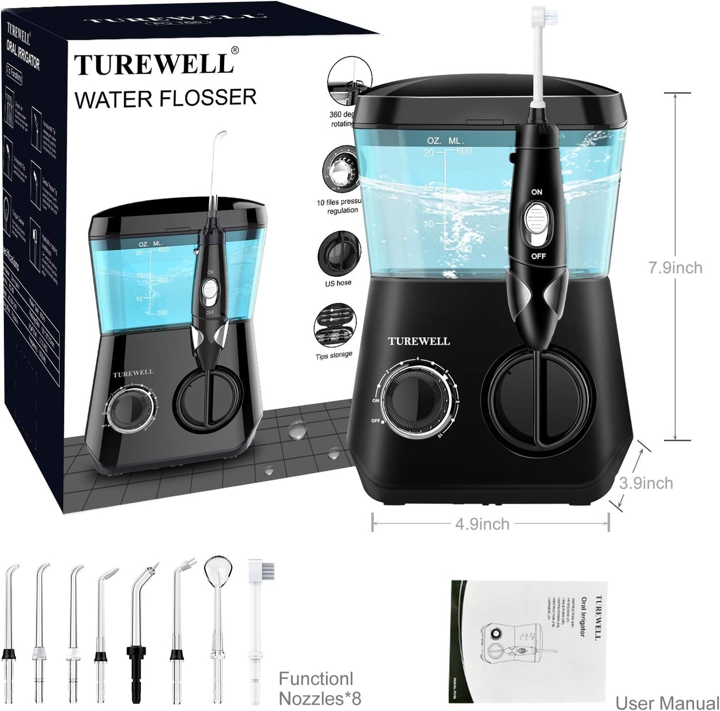 Dental Water Flosser - 600ML Electric Oral Irrigator with 10 Pressure Settings, Countertop Teeth Cleaning Device, 8 Replaceable Jet Tips - Suitable for Whole Families (Black)