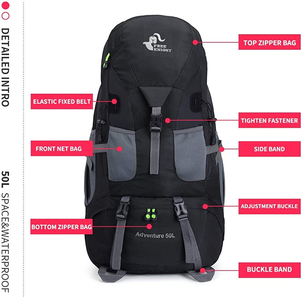 50L Water Resistant Hiking Backpack for Climbing, Camping, and Touring