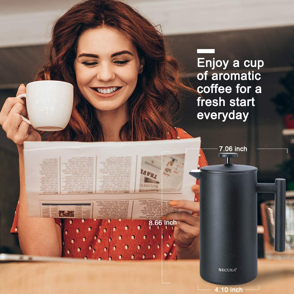 34oz (1 Litre) French Press Coffee Maker, 304 Grade Stainless Steel Insulated Coffee Press with 2 Additional Screens, Black