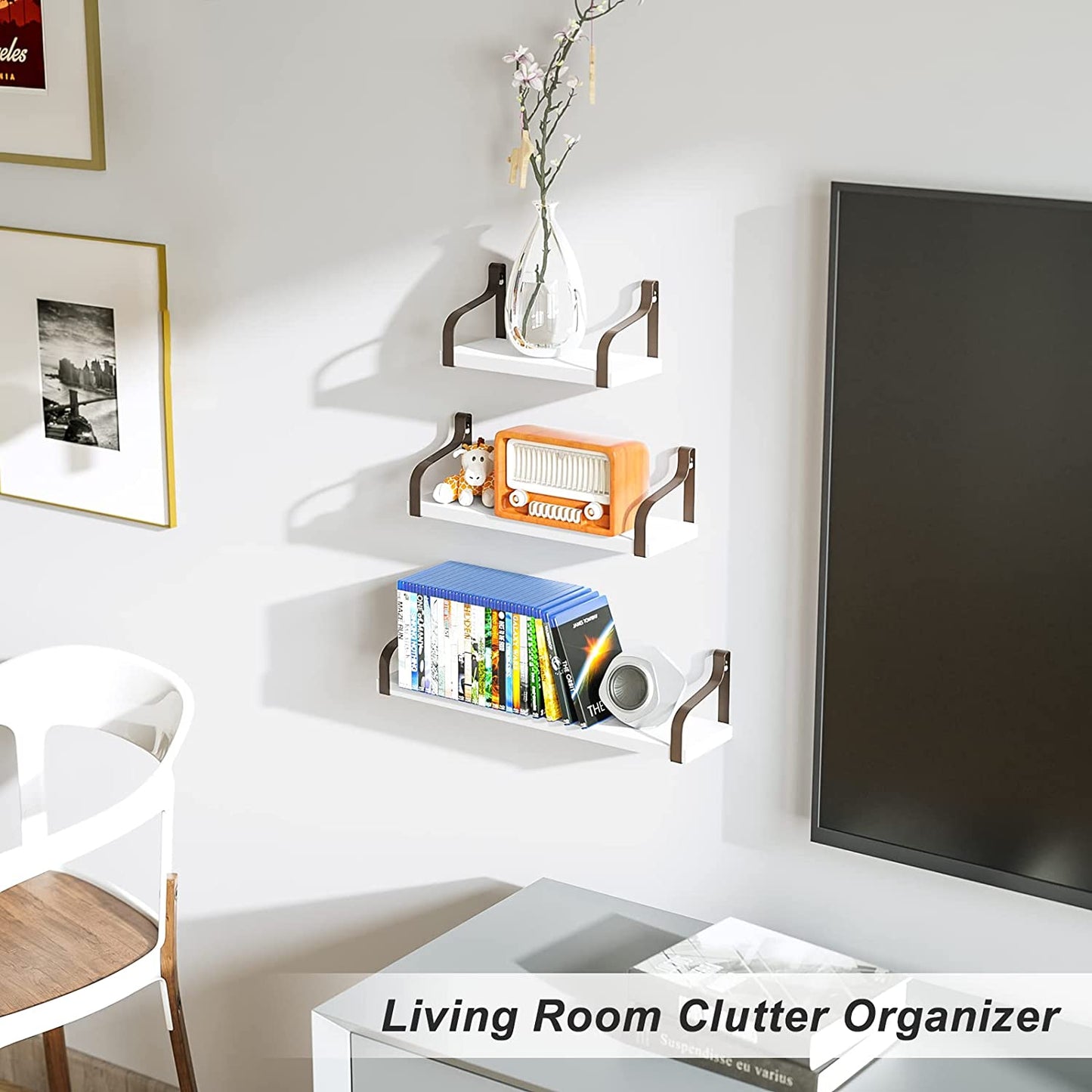 Set of 3 Floating Shelves - Wall Mounted - Rustic Wood Design - Suitable for Bedroom, Living Room, Bathroom, Kitchen, and Office - Features Rustic White/Brown Brackets - Provides Stylish Wall Storage.